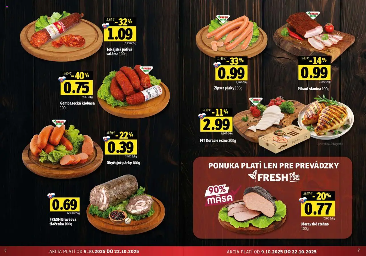 Nové Fresh akcie – leták je platný od 09.10.2025 | Strana: 4 | Produkty: Saláma, Slanina, Klobása, Kuracie rezne