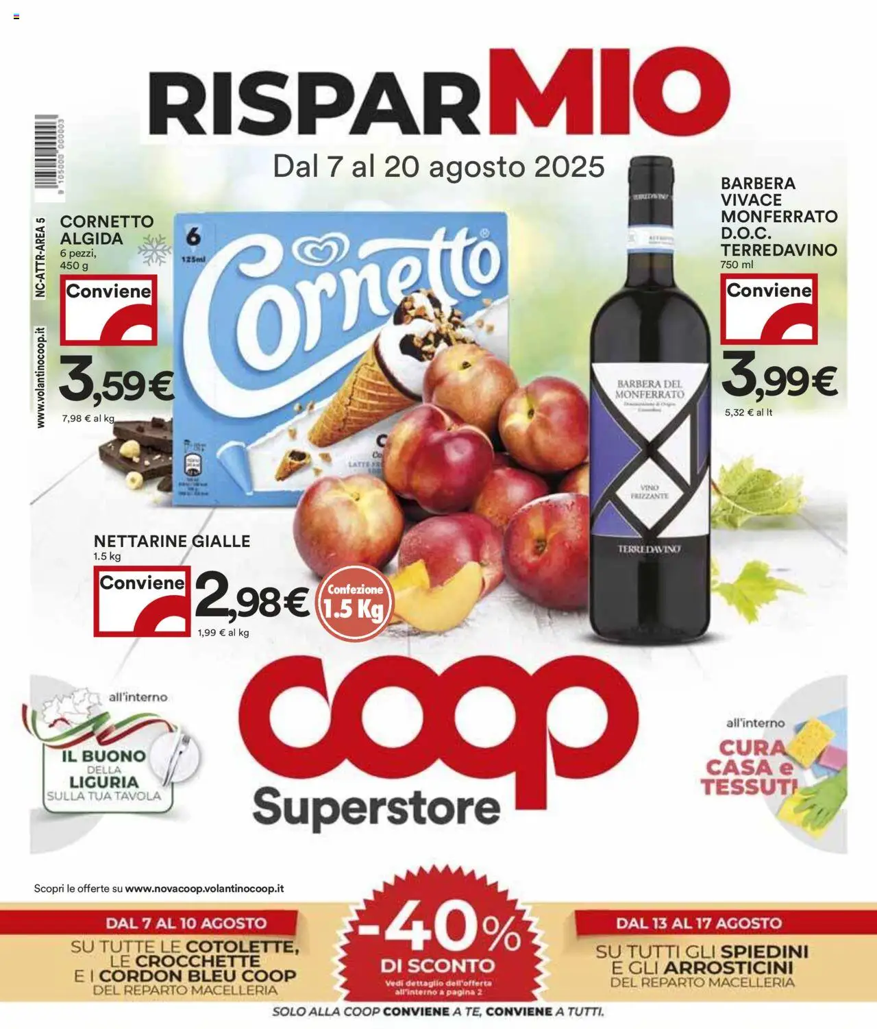 Volantino COOP del 07.08.2025 | Pagina: 1 | Prodotti: Cornetto, Vino, Crocchette, Spiedini