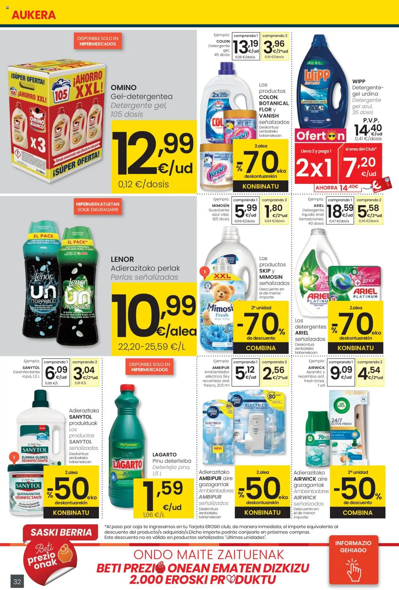 Eroski - Handia │ válido desde el 12.06.2025 | Página: 32 | Productos: Quitamanchas, Detergente, Detergente líquido, Suavizante