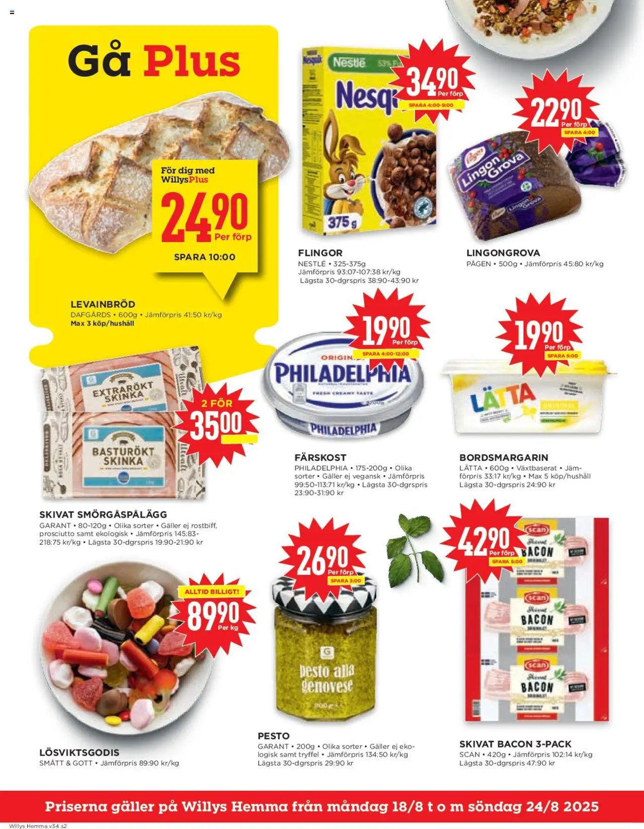 Willys reklamblad aktuell från 18.08.2025 | Sida: 2 | Produkter: Smörgåspålägg, Skinka, Flingor, Pesto