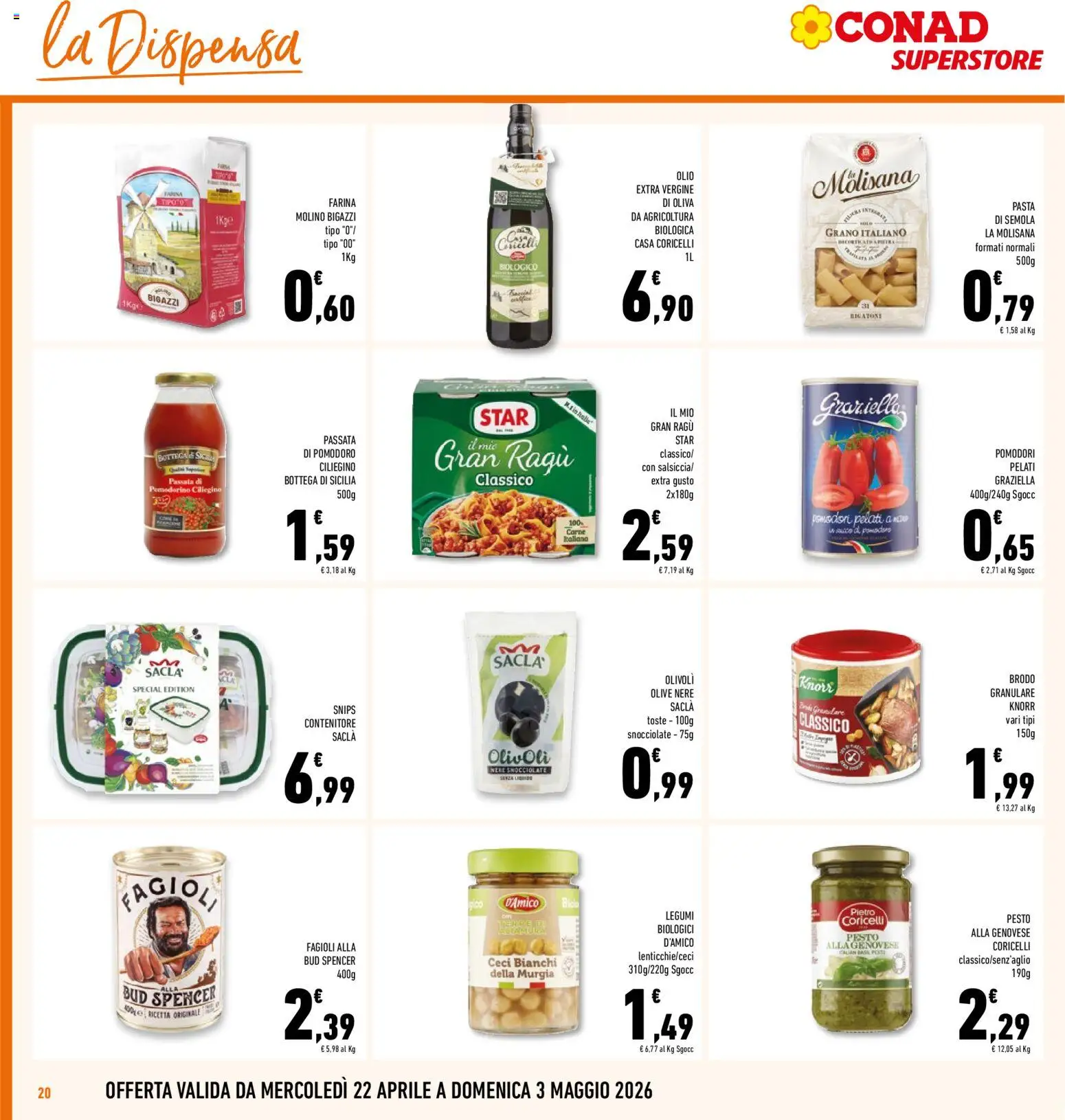 Volantino Conad del 22.04.2026 | Pagina: 20 | Prodotti: Fagioli, Pasta, Olio extra vergine, Contenitore