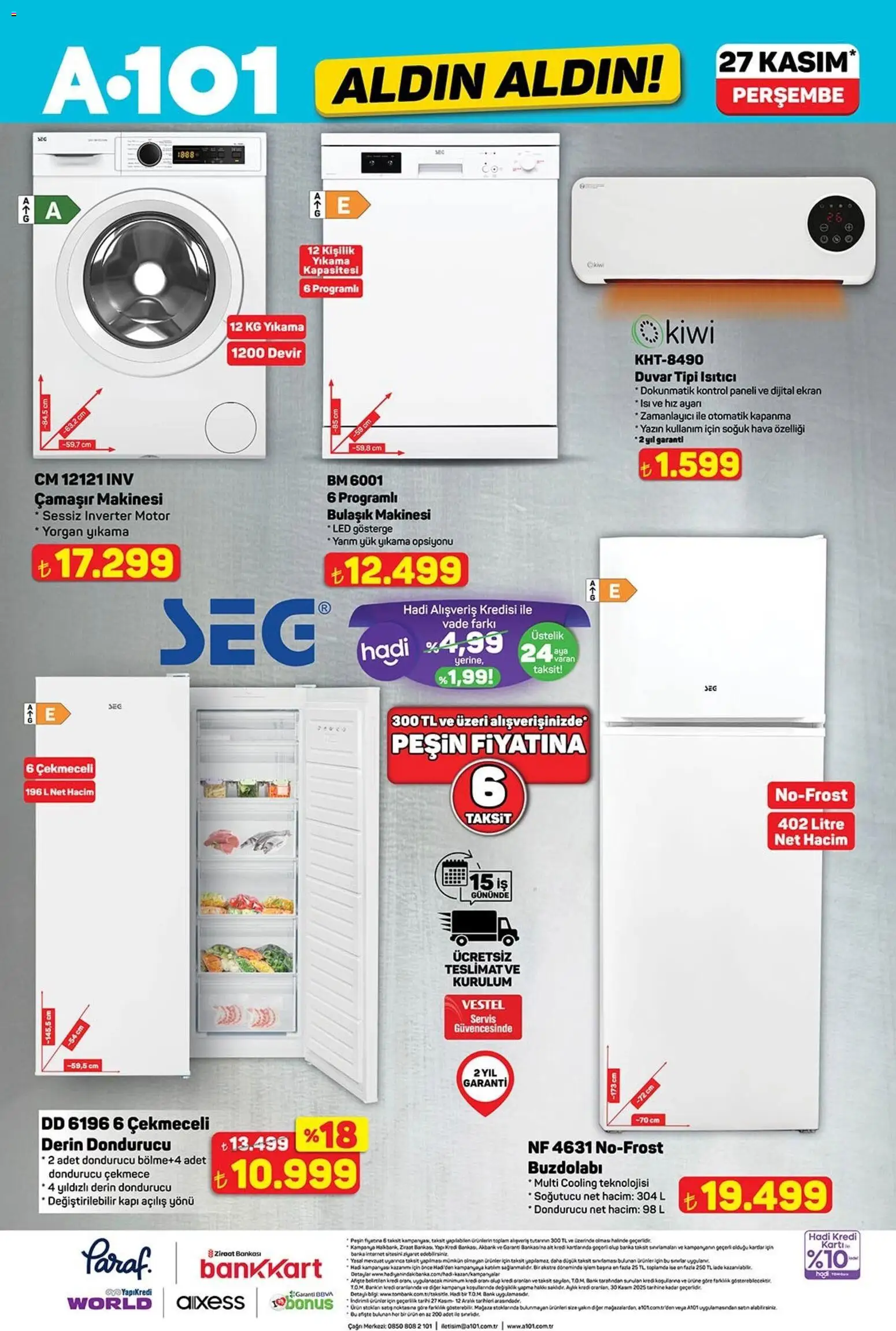 A101 Katalog Aldın Aldın - 27.11.2025 tarihinden itibaren geçerlidir | Sayfa: 8 | Ürünler: Buzdolabı, Dondurucu, Çamaşır makinesi, Bulaşık makinesi