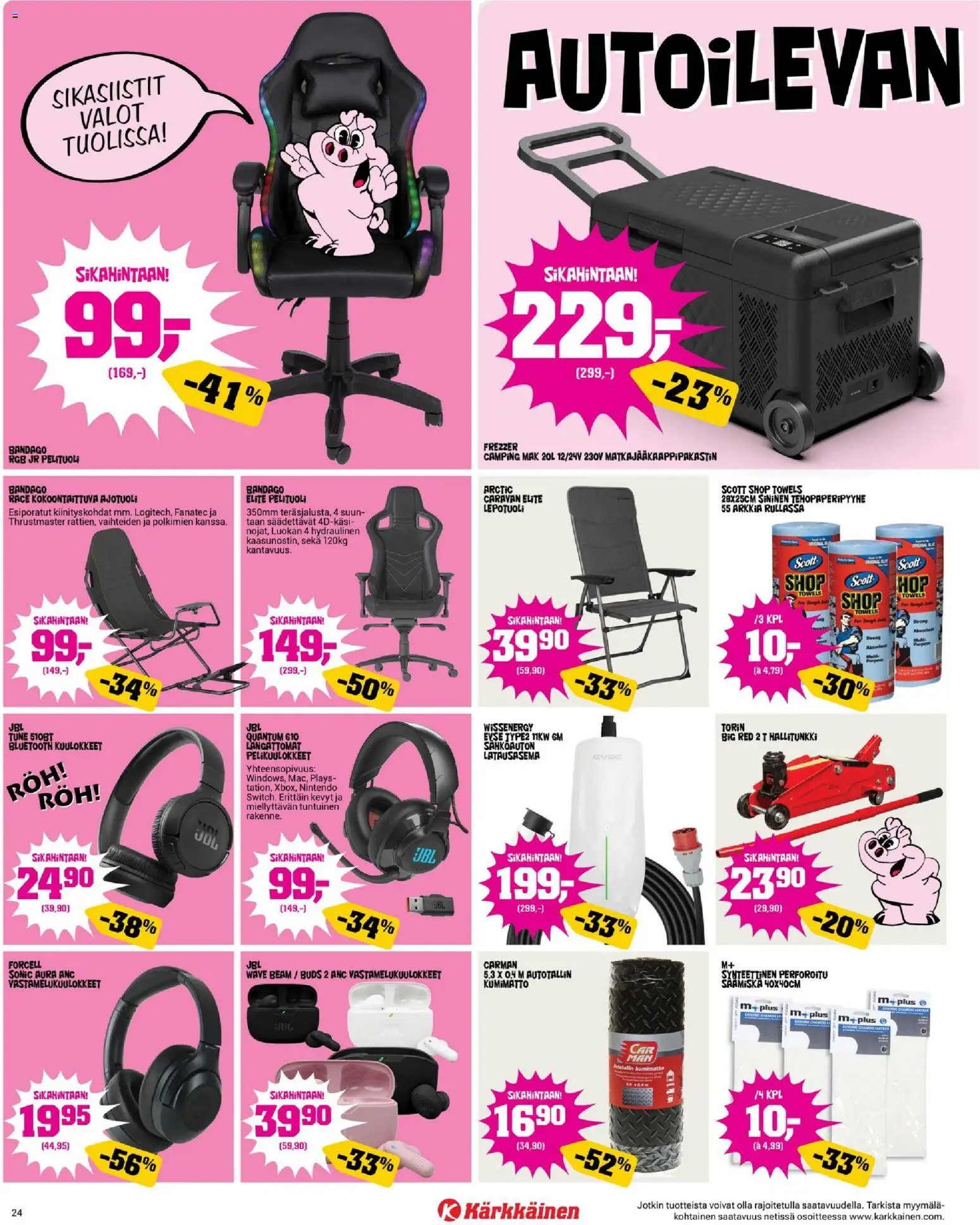 Kärkkäinen tarjoukset – voimassa 08.04.2026 alkaen | Sivu: 24 | Tuotteet: Lepotuoli, Vastamelukuulokkeet, Pelituoli, Kuulokkeet