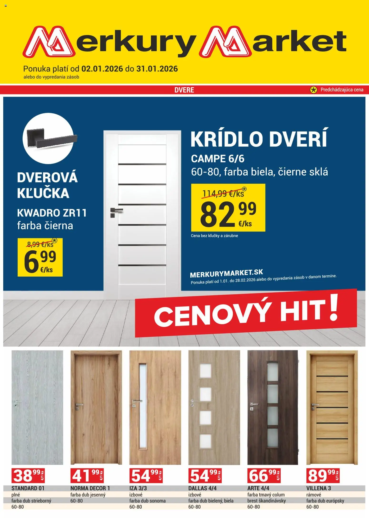 Nové Merkury Market akcie – leták je platný od 02.01.2026 | Strana: 1 | Produkty: Dvere