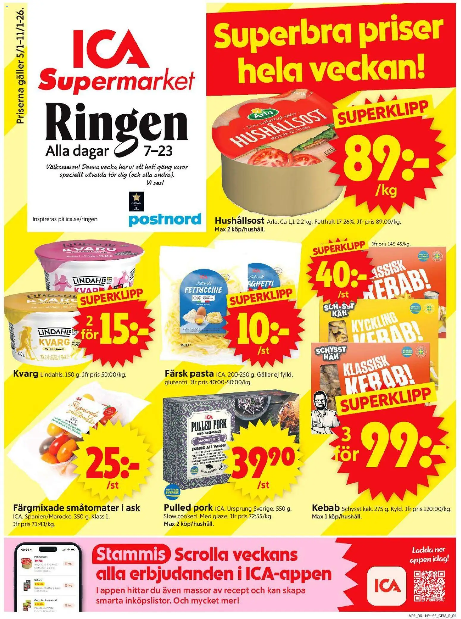 ICA Supermarket reklamblad aktuell från 05.01.2026 | Sida: 1 | Produkter: Gem, Galler, Hushållsost, Pasta
