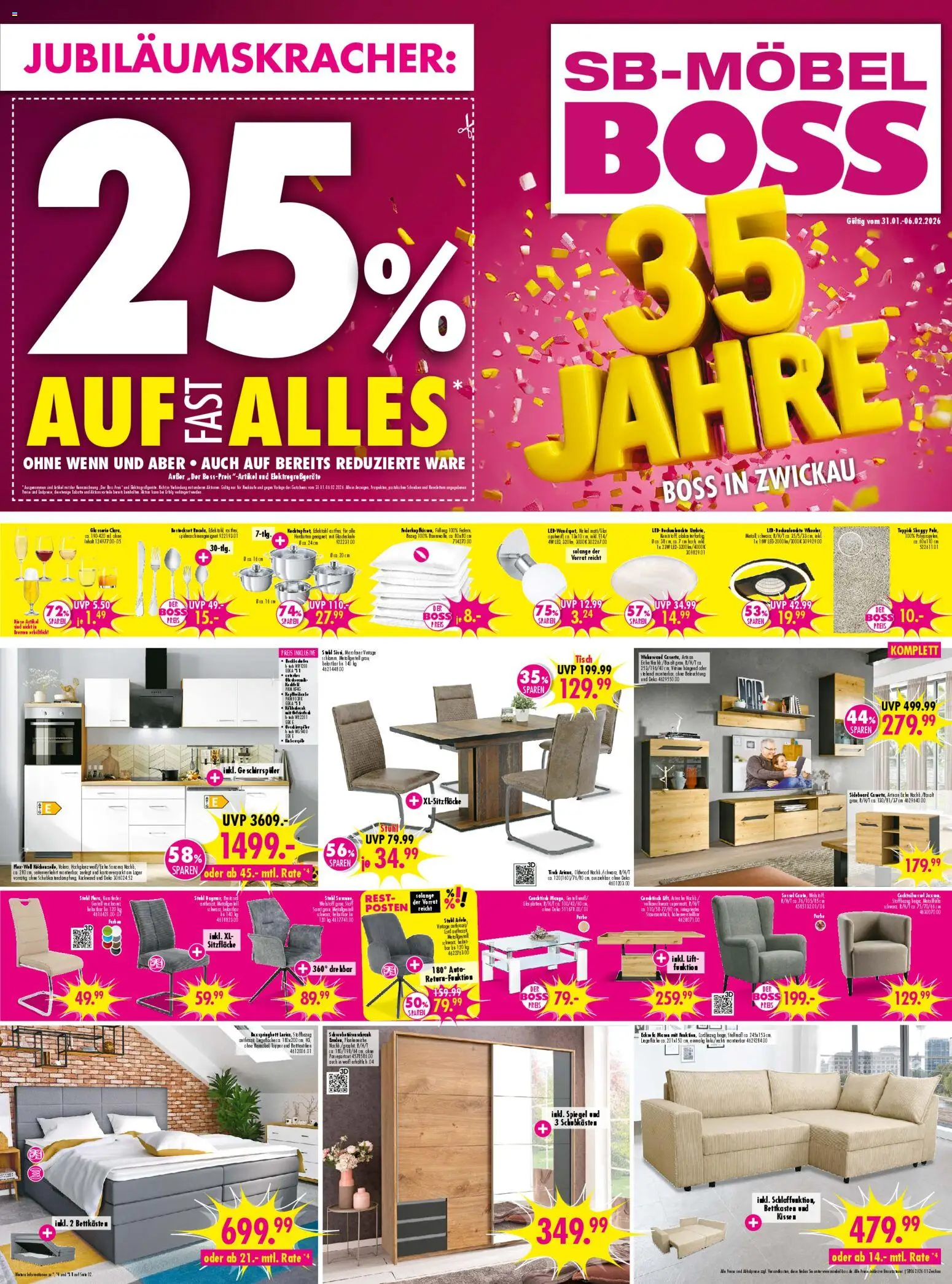 SB Möbel Boss Prospekt 	 – gültig ab 31.01.2026 | Seite: 1 | Produkte: Geschirrspüler, Tisch, Topper, Teppich