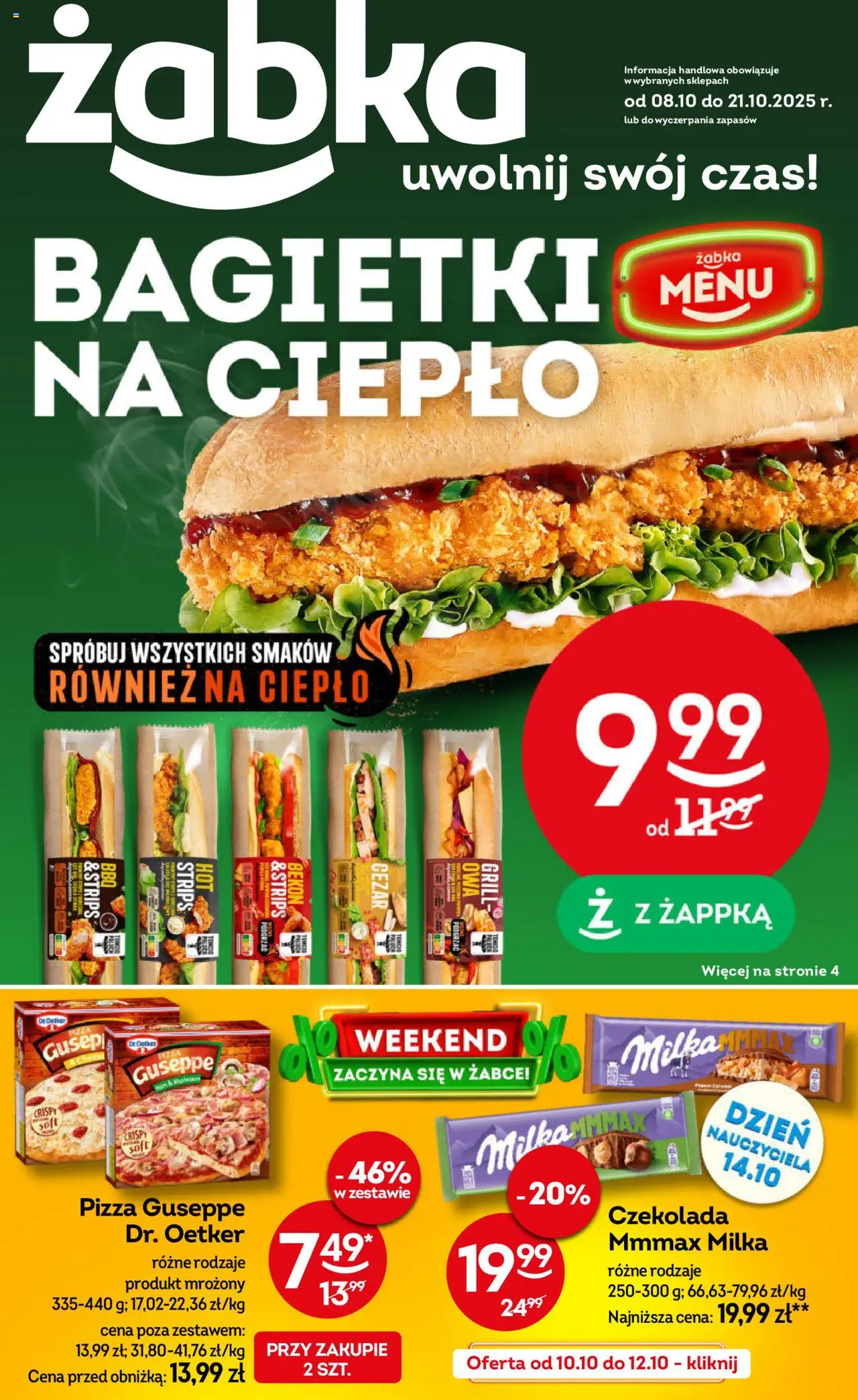 Żabka Gazetka od 08.10.2025 | Strona: 1 | Produkty: Bekon, Milka, Czekolada, Pizza