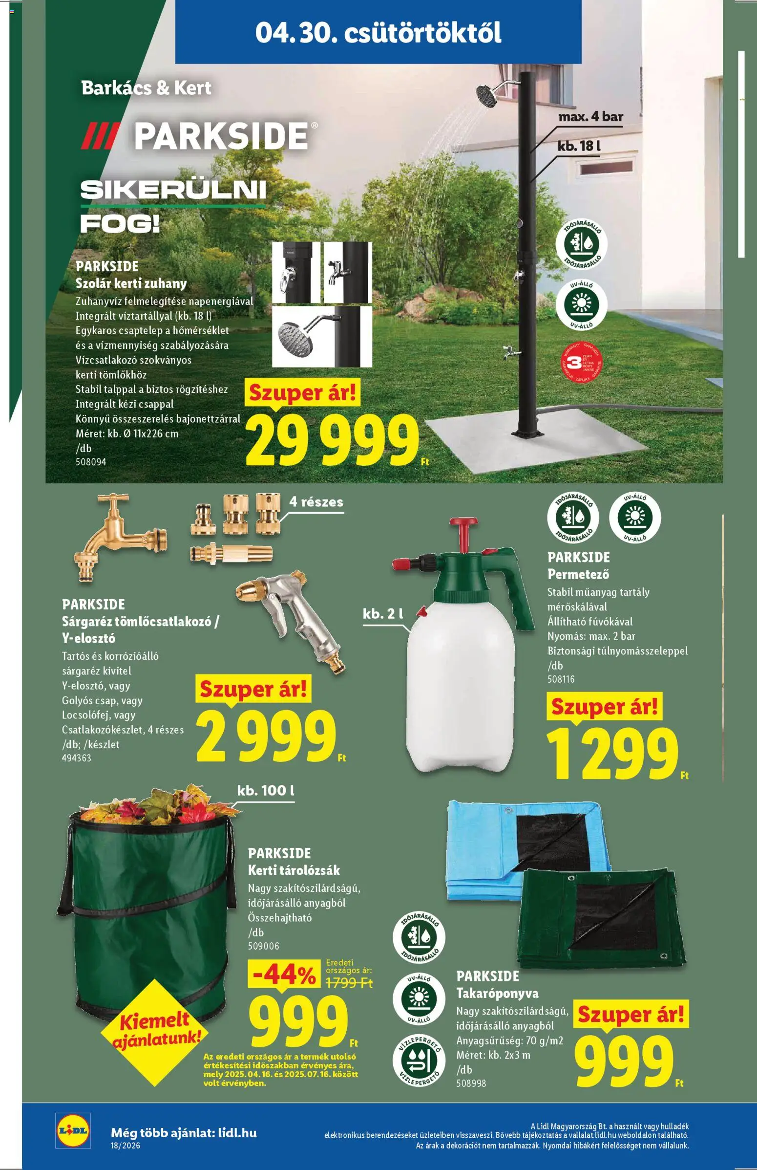 Lidl akciós ujság - amely érvényes a következő dátumtól: 30.04.2026 | Oldal: 10 | Termékek: Csaptelep, Takaróponyva, Permetező, Zuhany