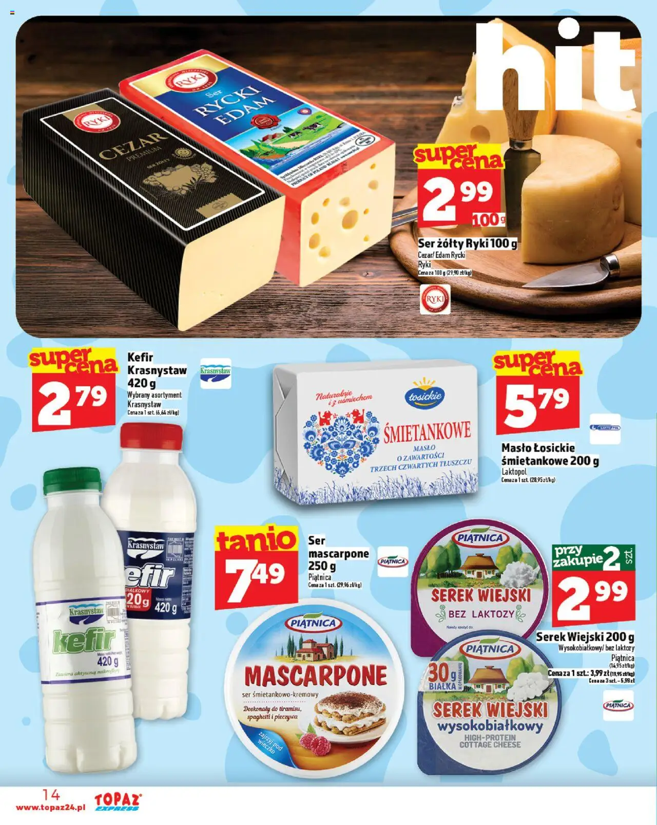 Topaz Gazetka - Express od 07.08.2025 | Strona: 14 | Produkty: Mascarpone, Serek wiejski, Masło, Ser