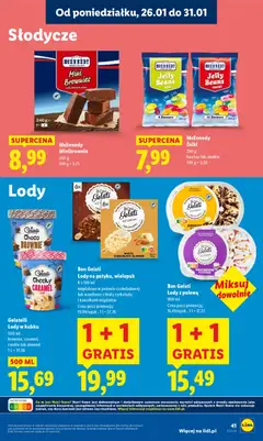 Pogląd oferty "Bon Gelati Lody na patyku, wielopak, 6 x 120 ml migdałowe w polewie czekoladowej lub waniliowe z białą czekoladą i kawałkami migdałów" - ważna od 26.01.2026 | Strona: 41 | Produkty: Słodycze, Żelki, Czekolada, Lody