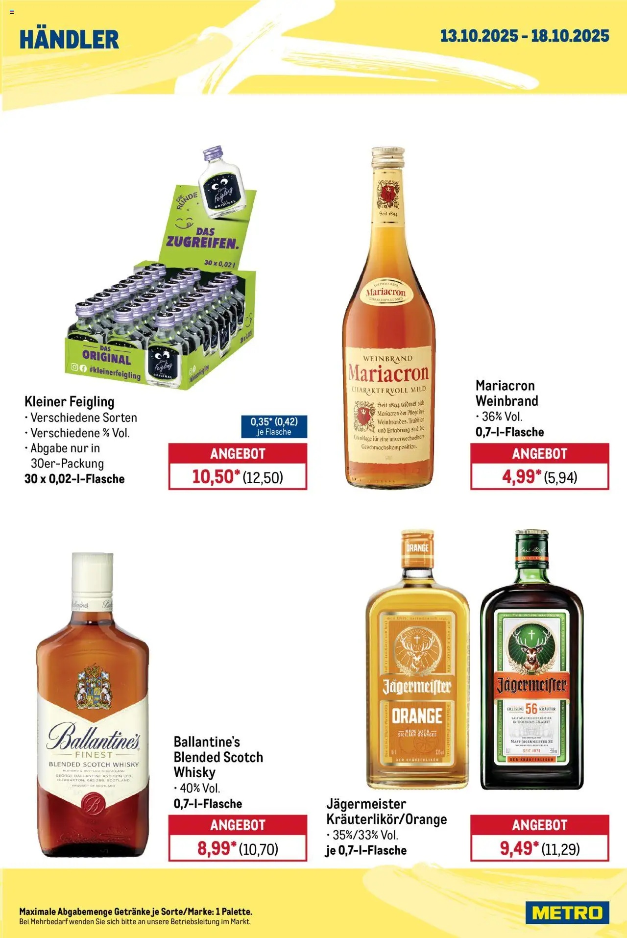 Metro Wochen-Angebote Händler – gültig ab 13.10.2025 | Seite: 7 | Produkte: Whisky, Kleiner feigling, Mariacron, Jägermeister