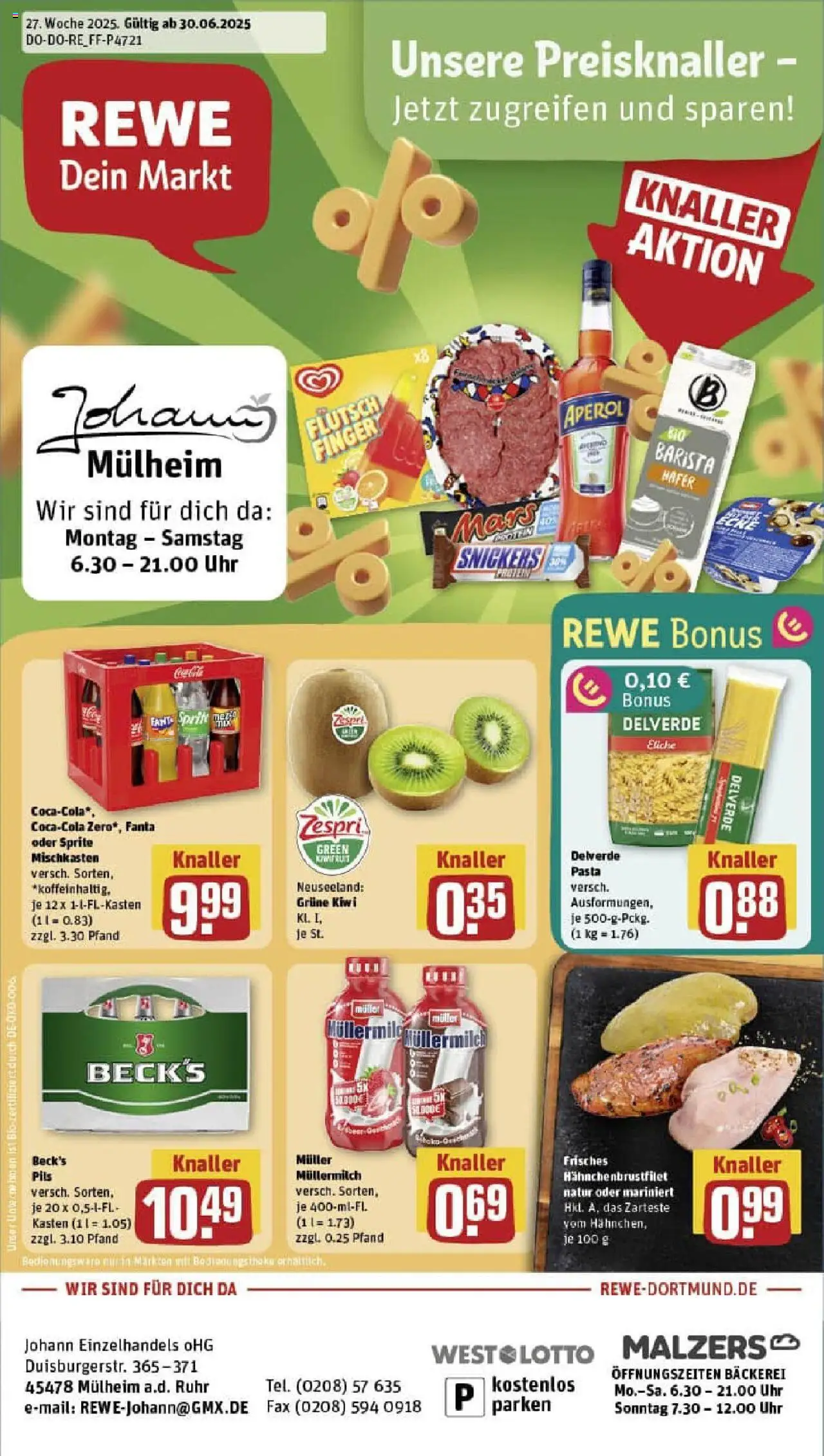 Rewe prospekt Mülheim An Der Ruhr	 - gültig ab dem 29.06.2025 | Seite: 1 | Produkte: Pasta, Müllermilch, Aperol, Kiwi