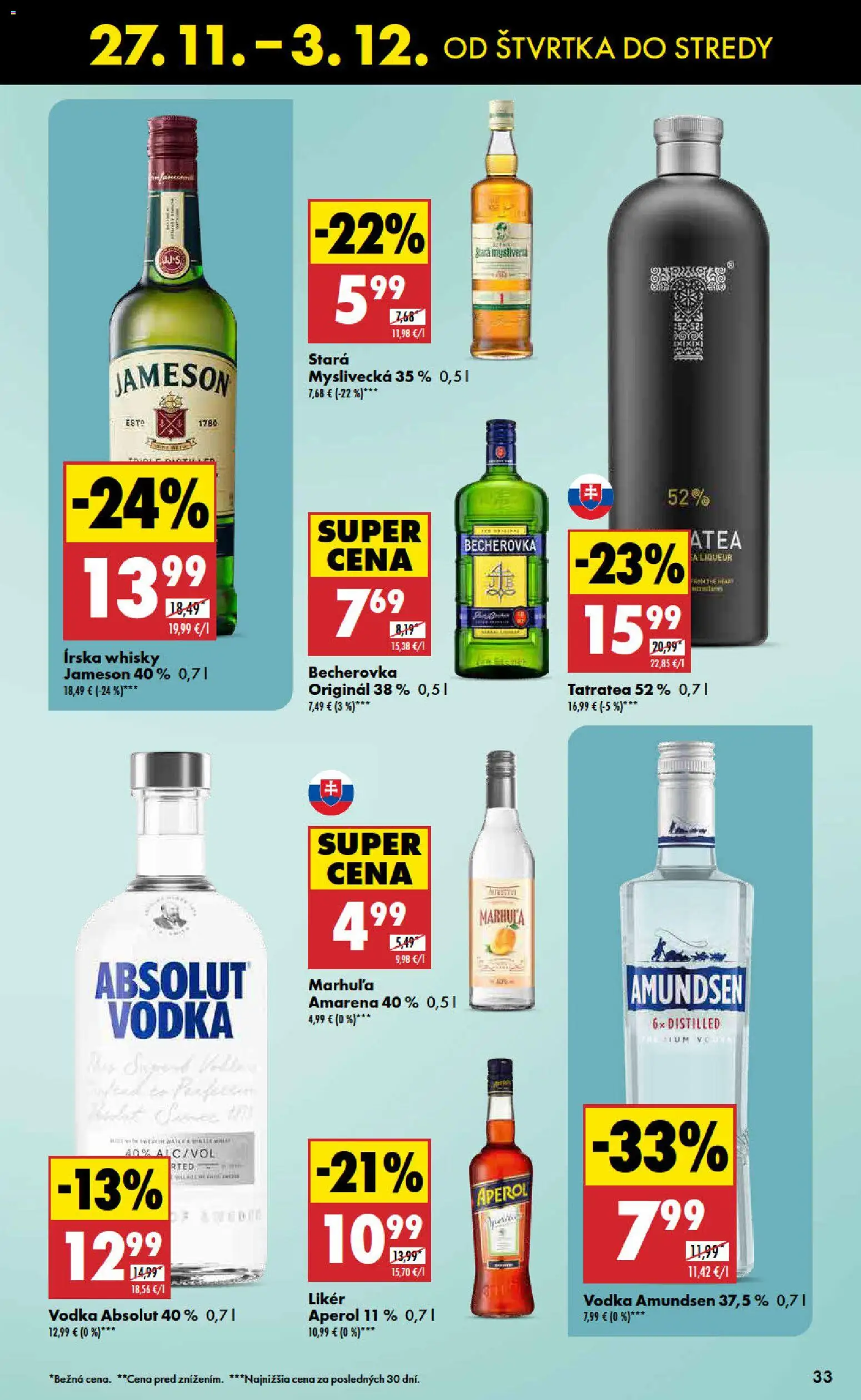 Nové Biedronka akcie – leták je platný od 27.11.2025 | Strana: 33 | Produkty: Becherovka, Jameson, Vodka, Aperol