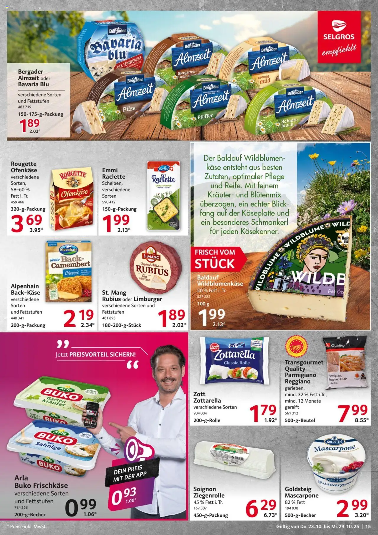 Selgros Prospekt 	 – gültig ab 23.10.2025 | Seite: 15 | Produkte: Mascarpone, Rougette ofenkase, Pfeffer, Raclette