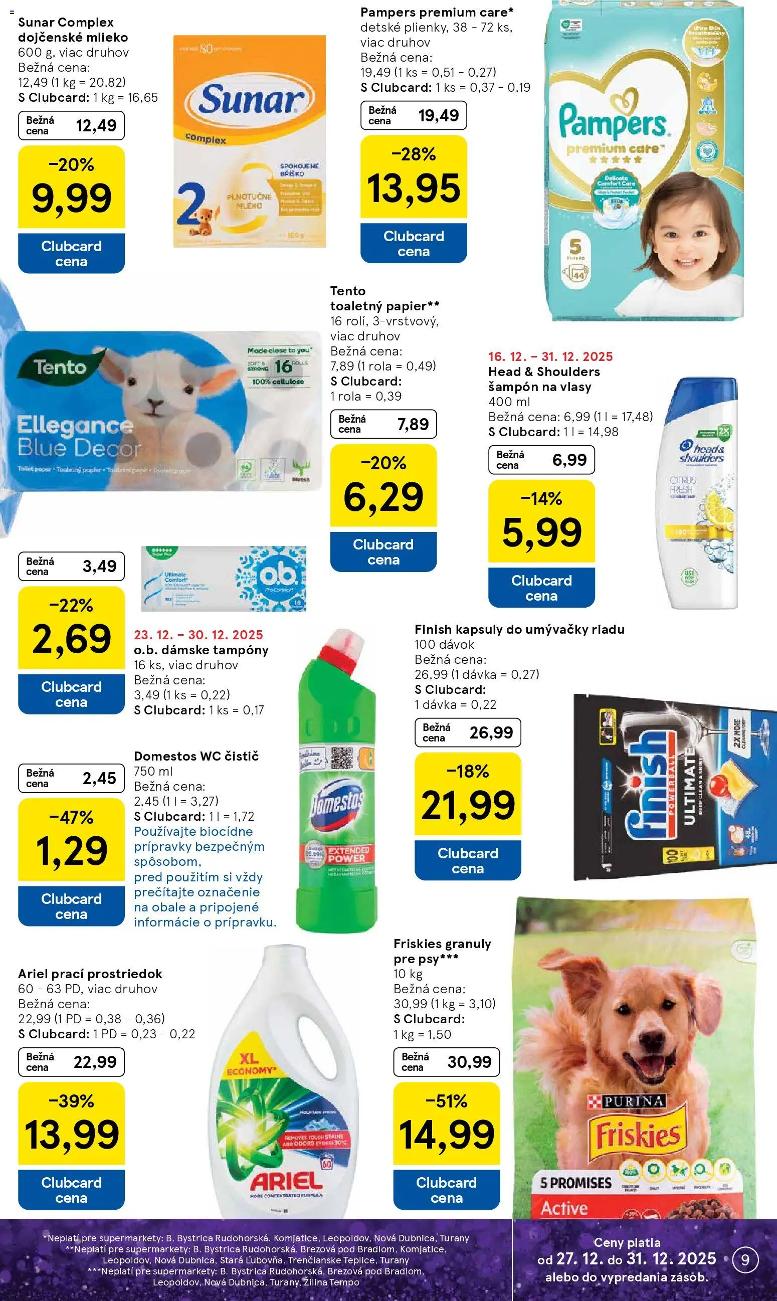 Nové Tesco akcie – leták je platný od 27.12.2025 | Strana: 9 | Produkty: Wc, Kapsuly do umývačky riadu, Ariel, Pampers