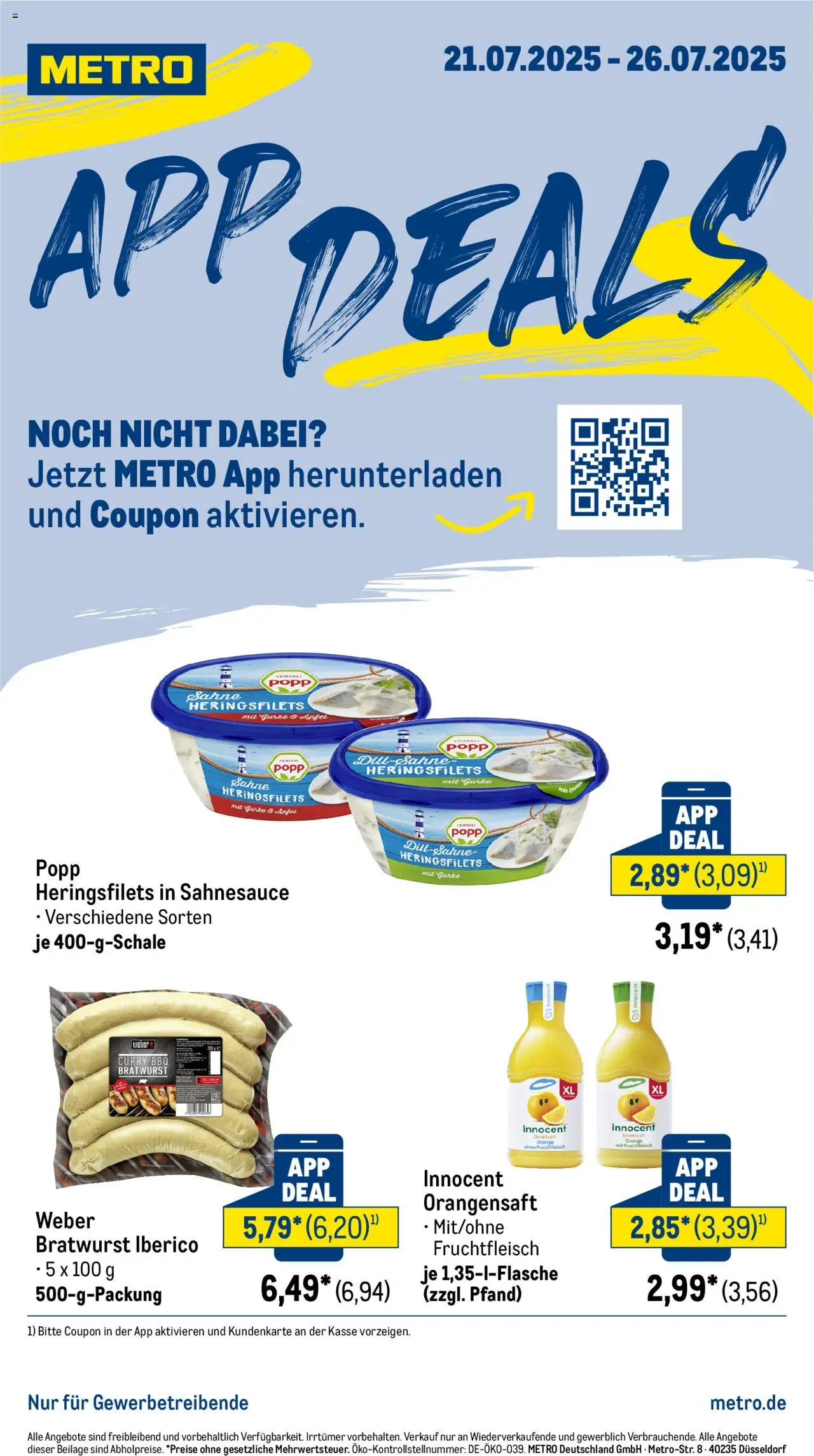 Metro App Deals - gültig ab dem 21.07.2025 | Seite: 1 | Produkte: Bratwurst, Äpfel, Orangensaft, Sahne