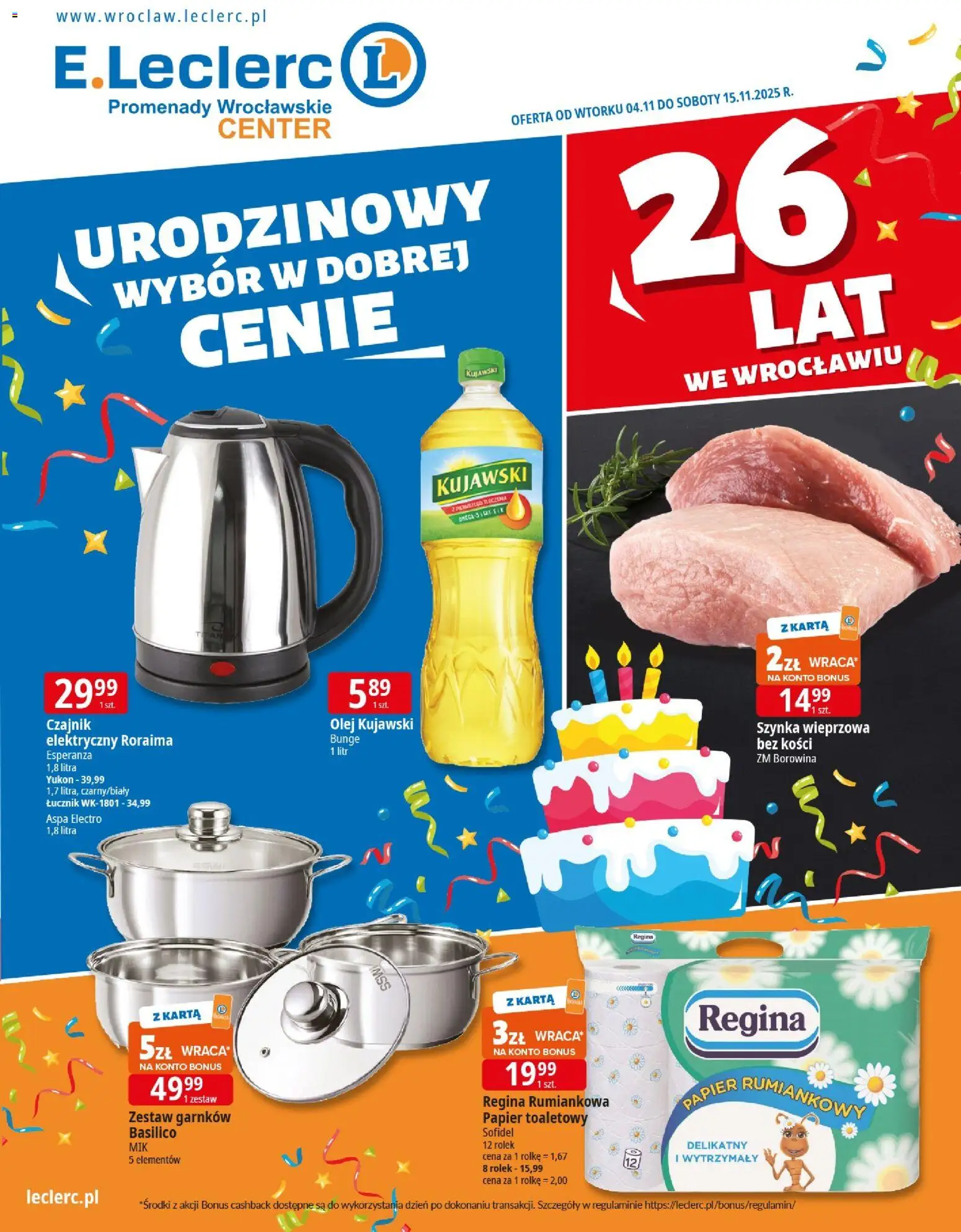 E.Leclerc Gazetka - Wrocław od 04.11.2025 | Strona: 1 | Produkty: Czajnik, Szynka, Olej kujawski, Olej