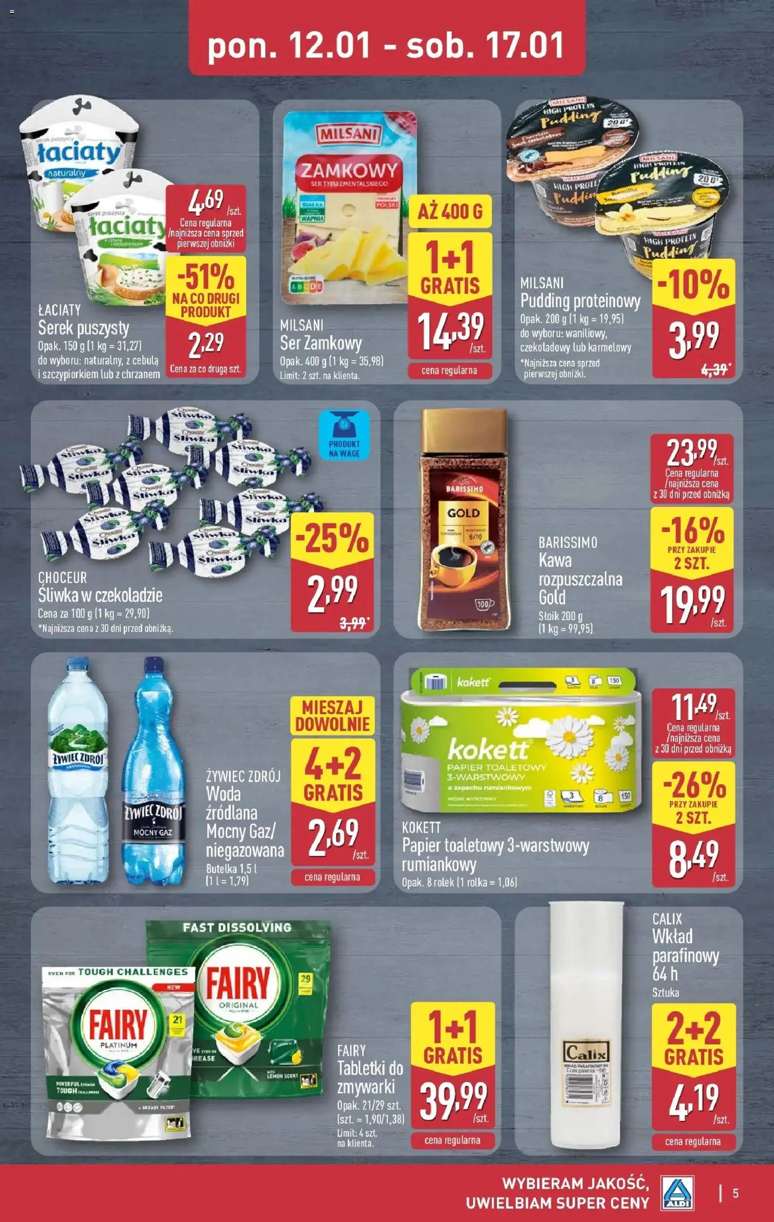 Aldi Gazetka - Okazje na weekend od 15.01.2026 | Strona: 5 | Produkty: Serek, Kawa, Fairy, Woda