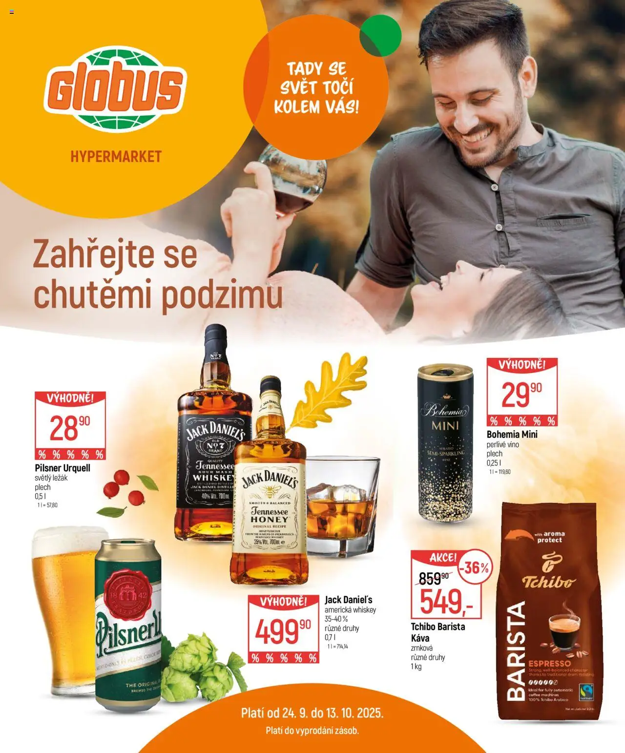 Globus leták - Chutě podzimu od 24.09.2025 | Strana: 1 | Produkty: Whiskey, Víno, Tchibo barista, Pilsner Urquell