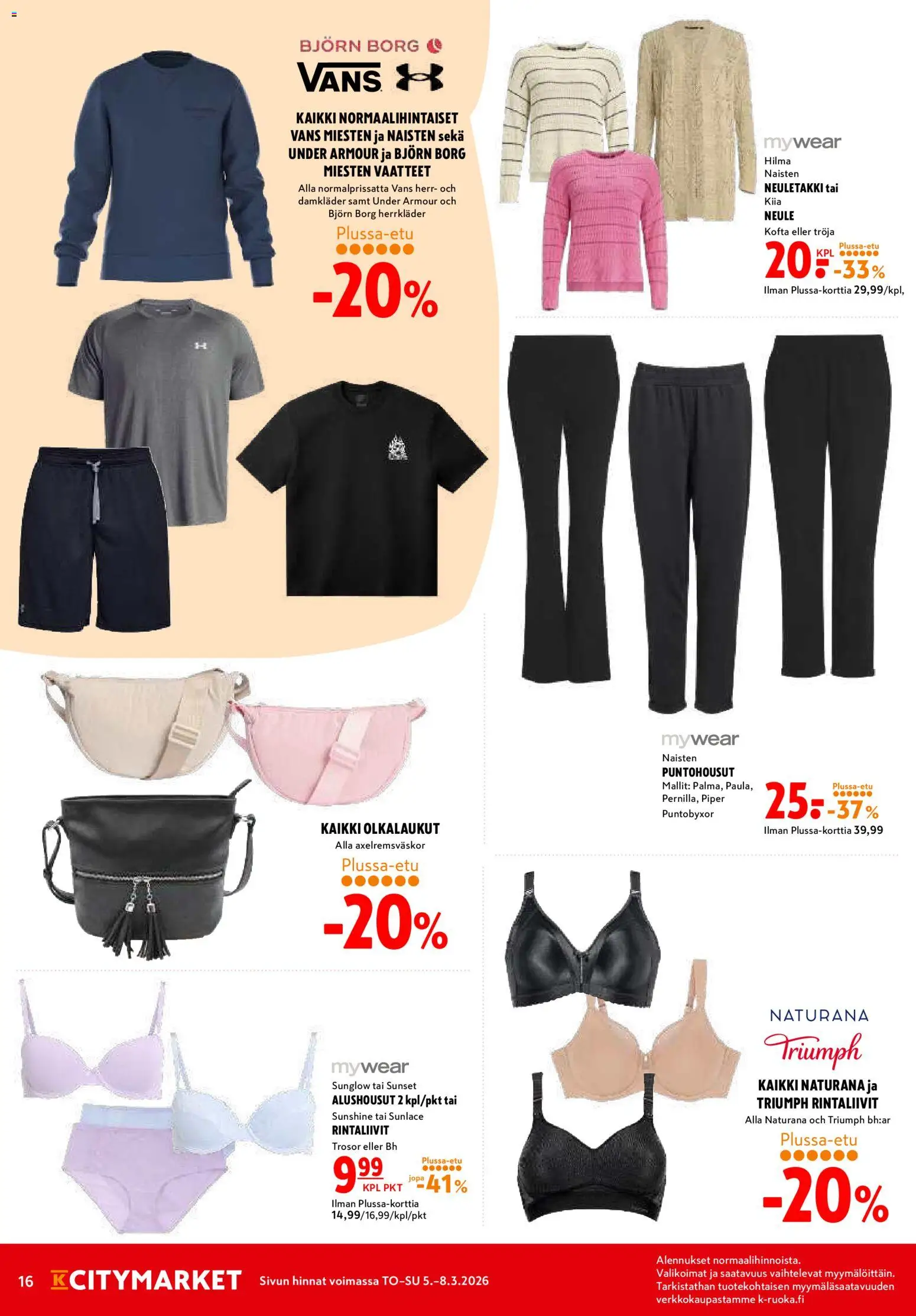 K-Citymarket tarjoukset – voimassa 05.03.2026 alkaen | Sivu: 16 | Tuotteet: Neuletakki, Rintaliivit, Alushousut, Neule