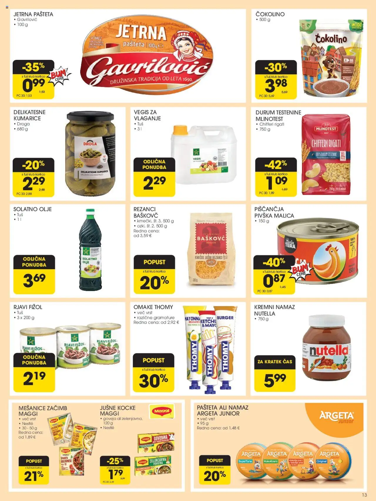 Tuš katalog │ velja od 27.08.2025 | Stran: 13 | Izdelki: Rezanci, Pašteta, Čokolino, Kumarice