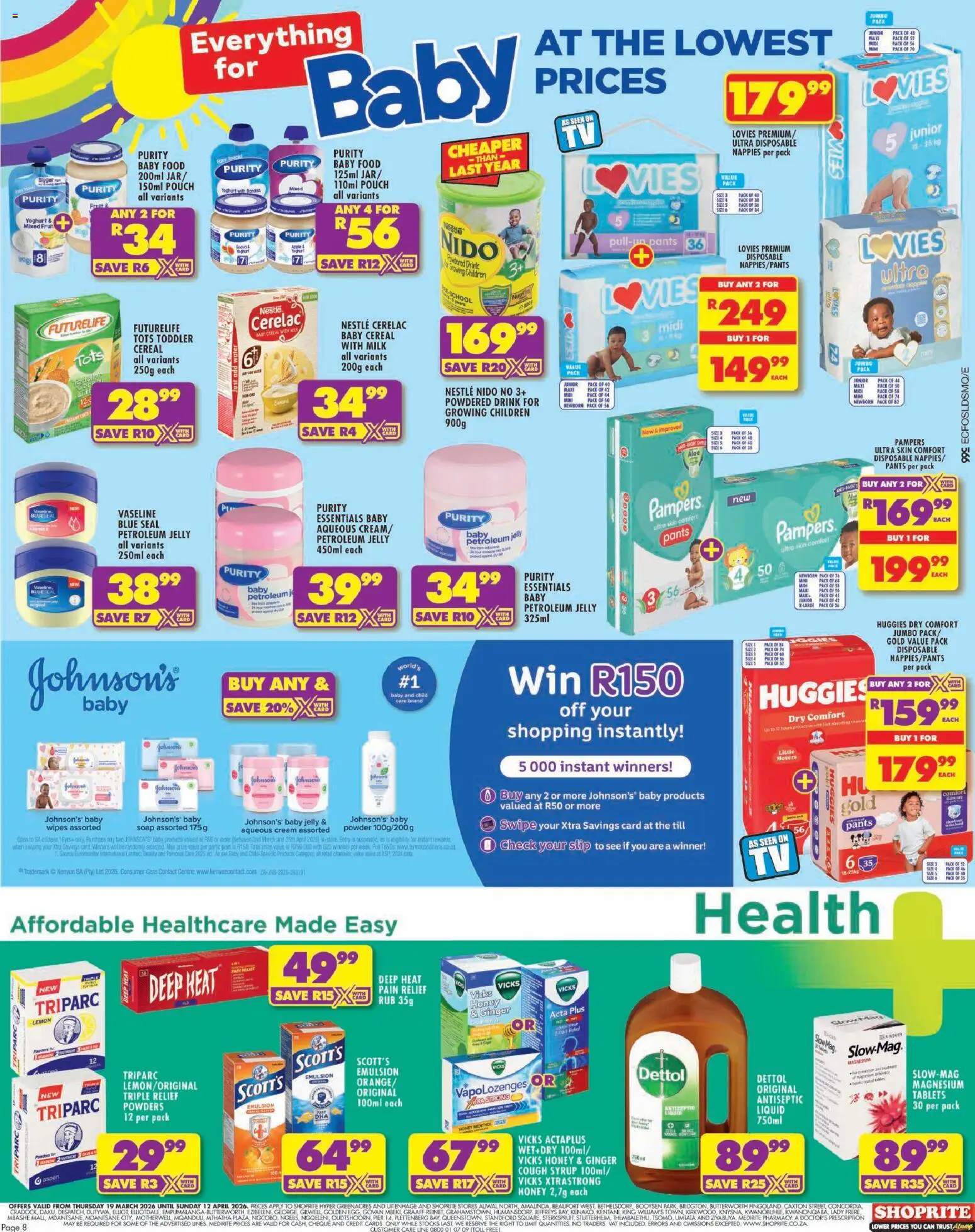 New Shoprite catalogue – valid from 19.03.2026 | Page: 8 | Products: Antiseptic liquid, Water, Petroleum jelly, Nappies