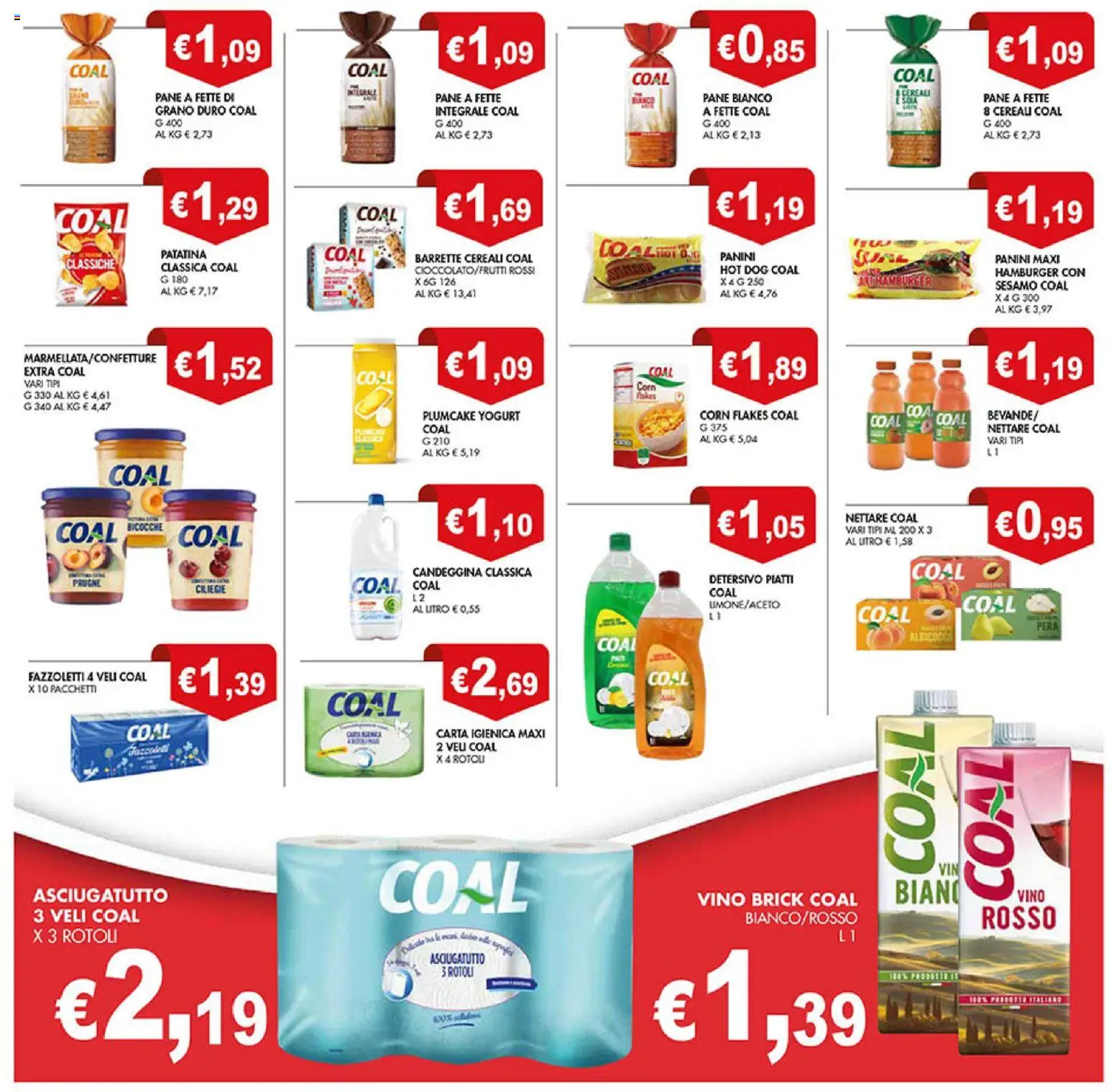 Volantino Coal del 11.11.2025 | Pagina: 4 | Prodotti: Carta igienica, Pane, Candeggina, Vino