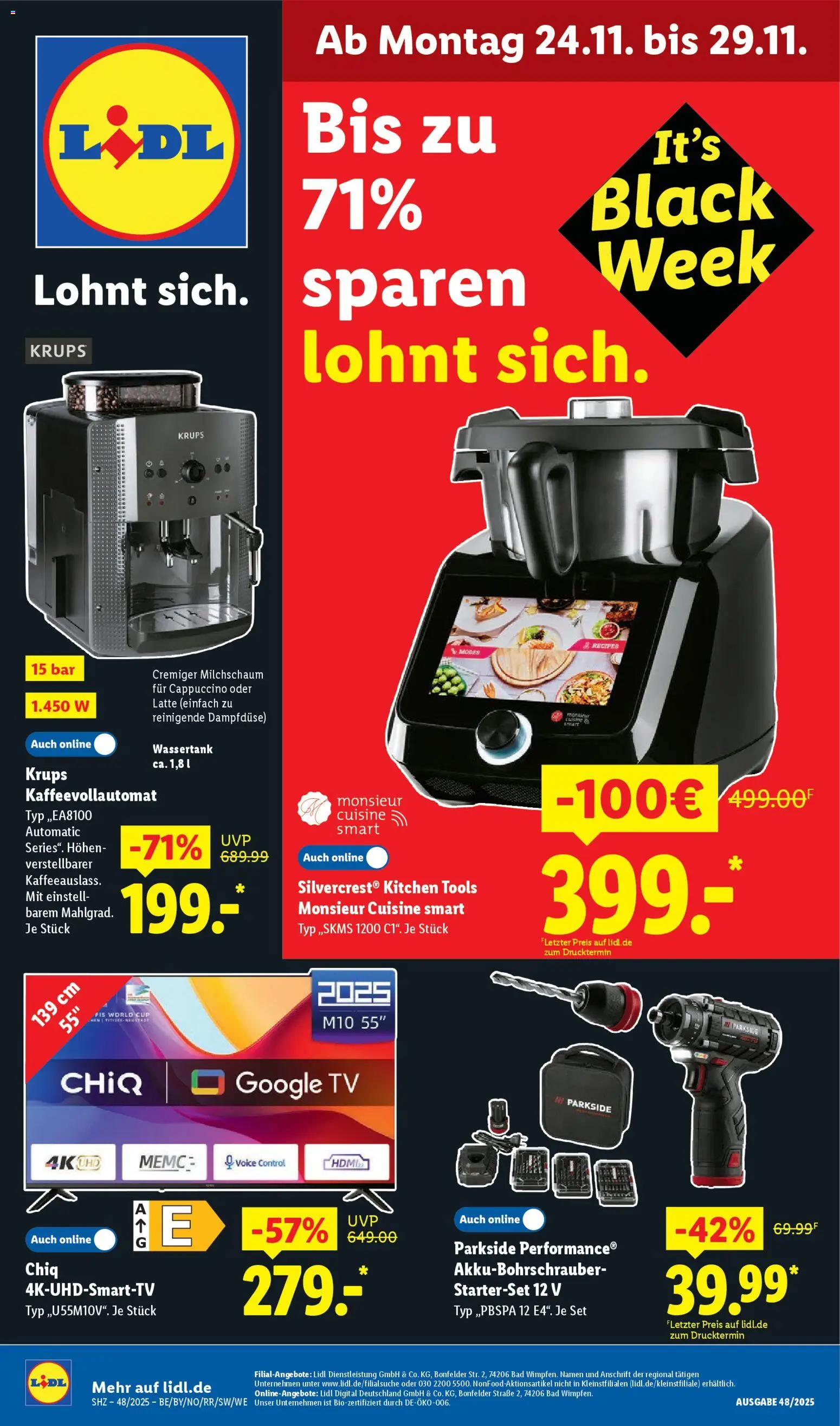 Lidl Prospekt Gundelsheim – gültig ab 24.11.2025 | Seite: 1 | Produkte: Krups, Bad, Kaffeevollautomat, TV