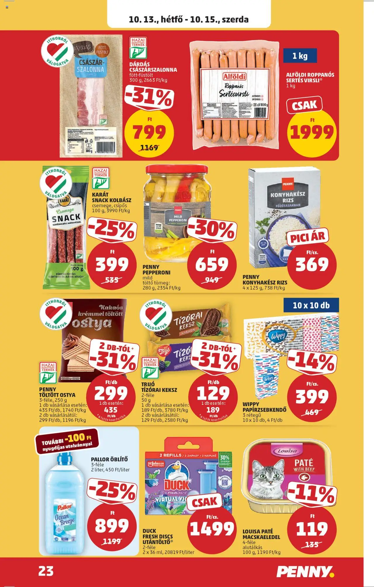 PENNY akciós ujság - amely érvényes a következő dátumtól: 09.10.2025 | Oldal: 27 | Termékek: Virsli, Macskaeledel, Császárszalonna, Szalonna