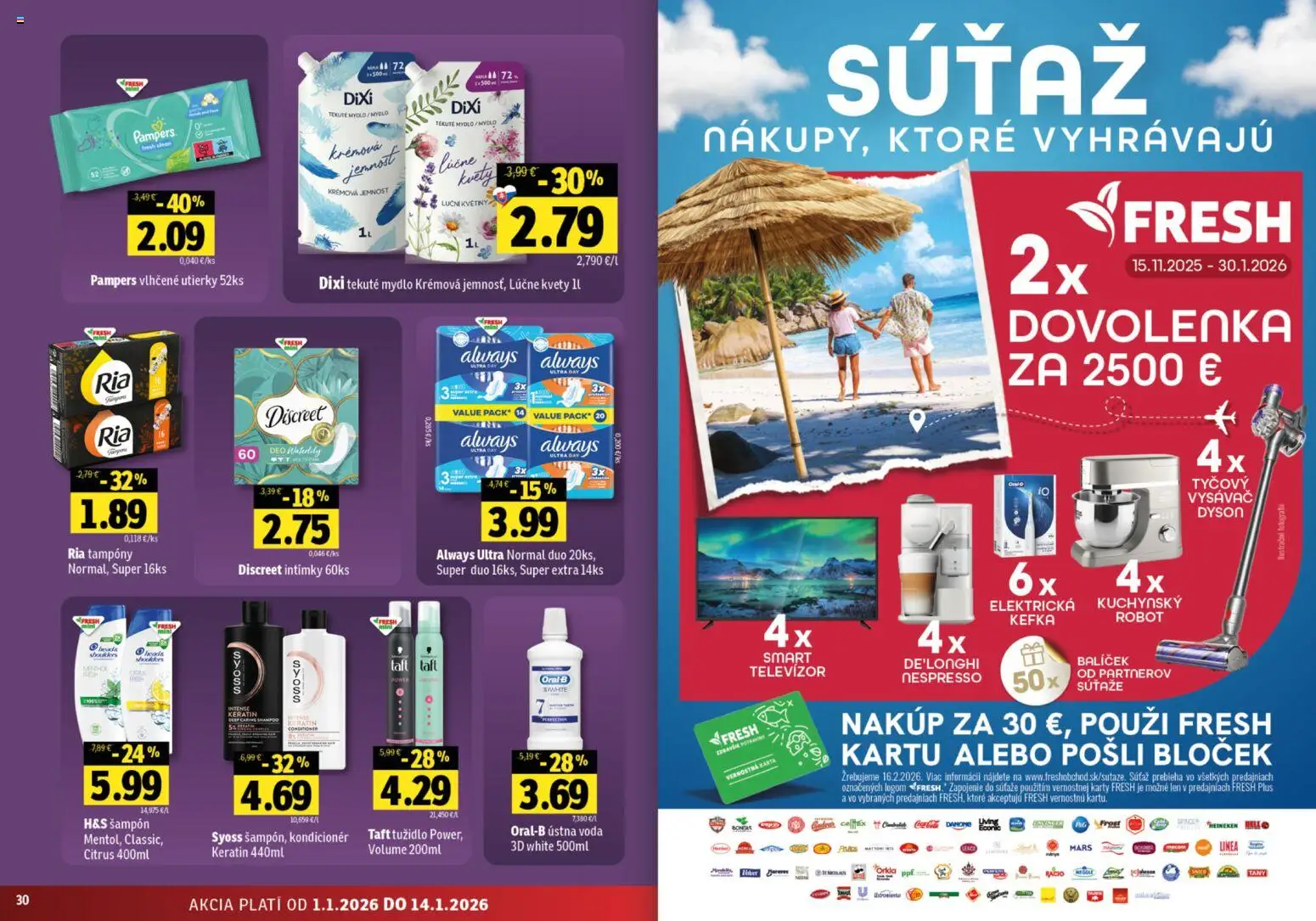 Nové Fresh akcie – leták je platný od 01.01.2026 | Strana: 16 | Produkty: Vysávač, Kondicionér, Voda, Pampers