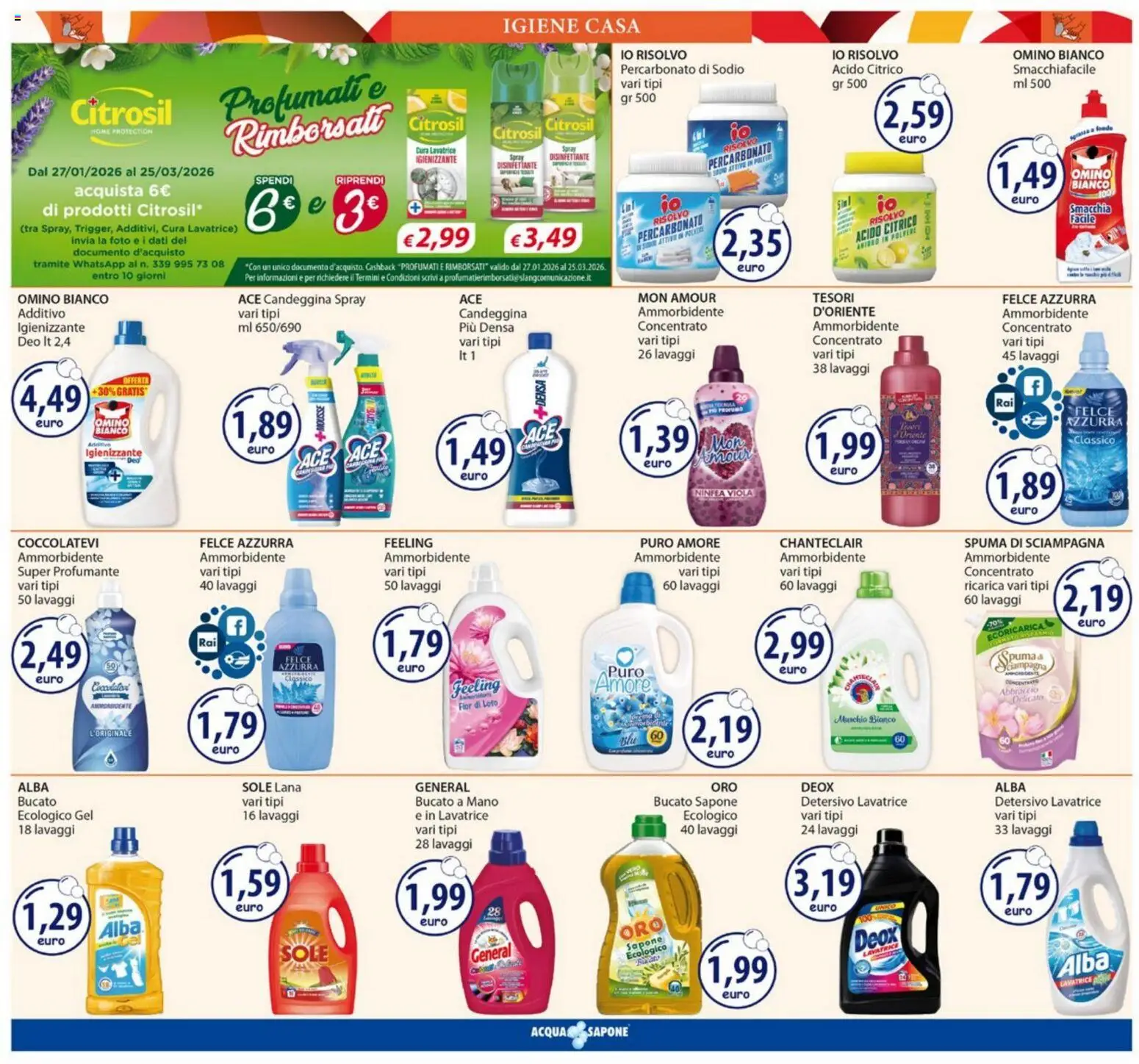 Volantino Acqua e Sapone del 23.02.2026 | Pagina: 19 | Prodotti: Sapone, Spray disinfettante, Candeggina, Profumo