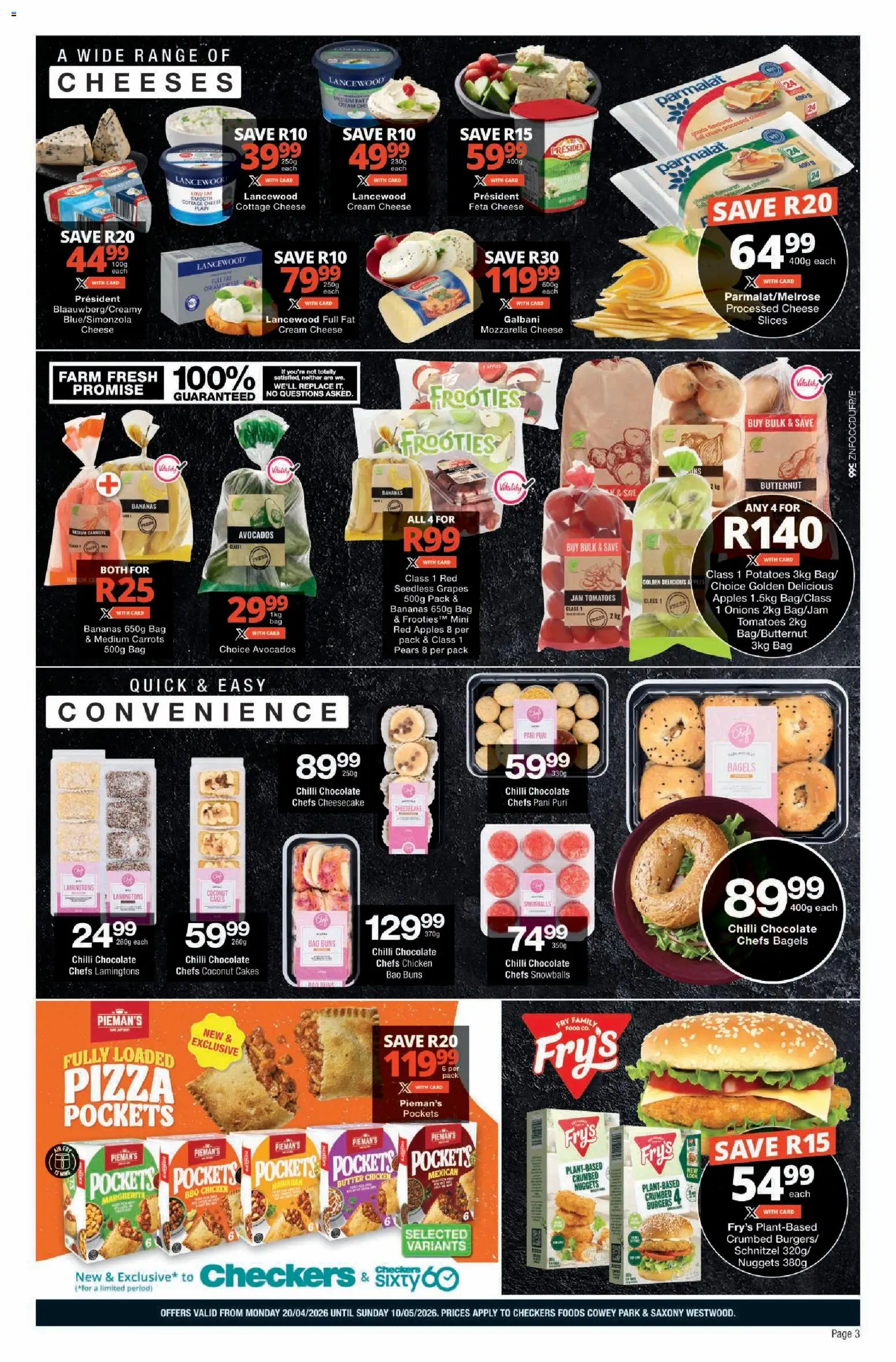 New Checkers catalogue – valid from 20.04.2026 | Page: 3 | Products: Chocolate, Bananas, Cottage cheese, Onions