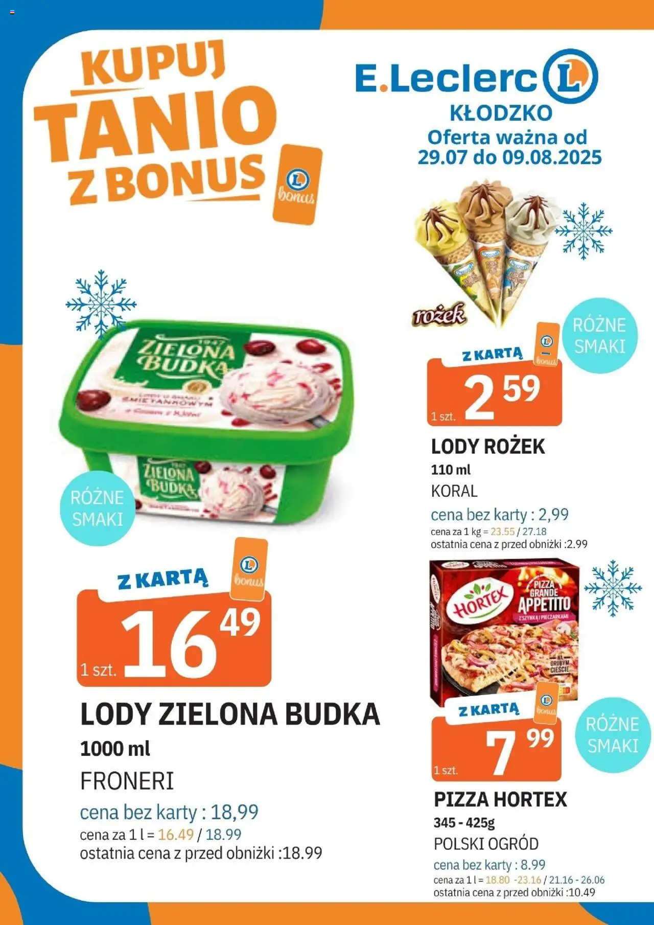 E.Leclerc Gazetka - Kłodzko od 29.07.2025 | Strona: 1 | Produkty: Karta, Pizza, Lody