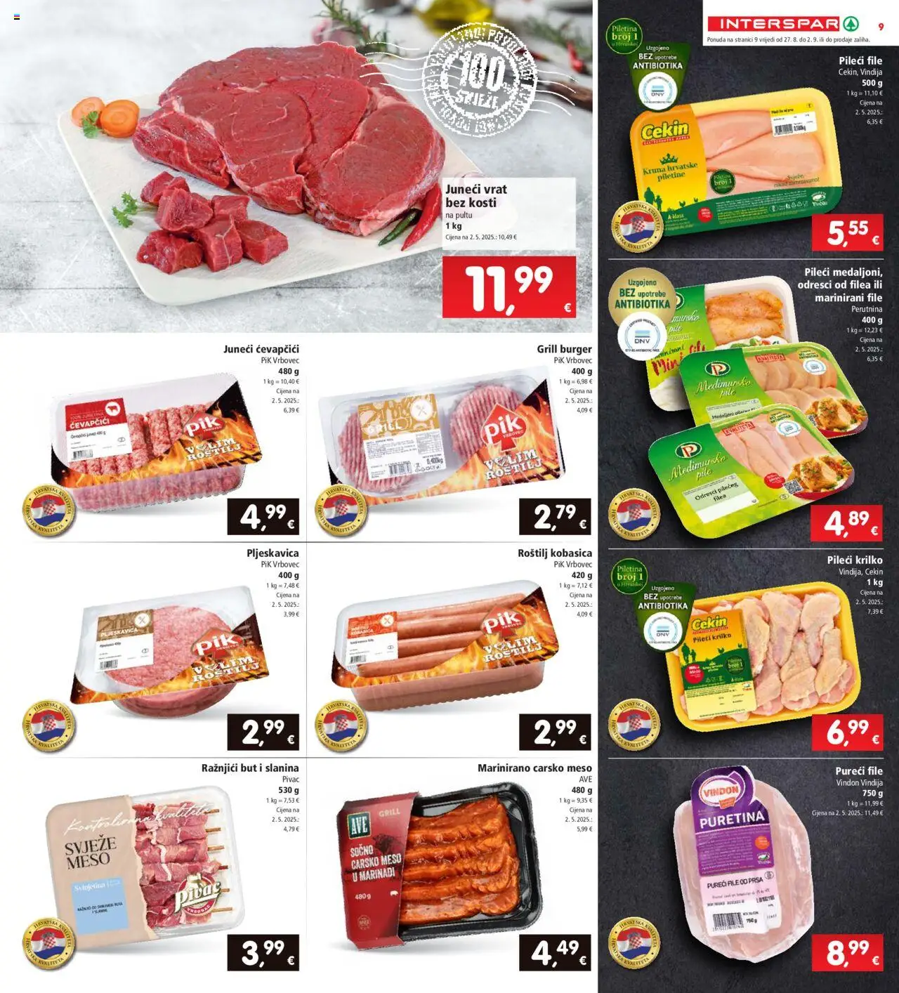Interspar katalog | vrijedi od 27.08.2025 | Stranica: 9 | Proizvodi: Puretina, Carsko meso, Pileći file, Slanina