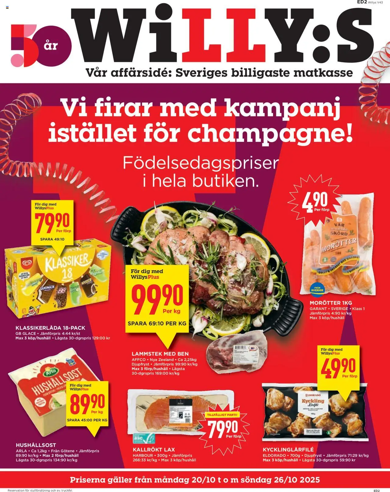 Willys reklamblad aktuell från 20.10.2025 | Sida: 1 | Produkter: Sandwich, Galler, Hushållsost, Champagne