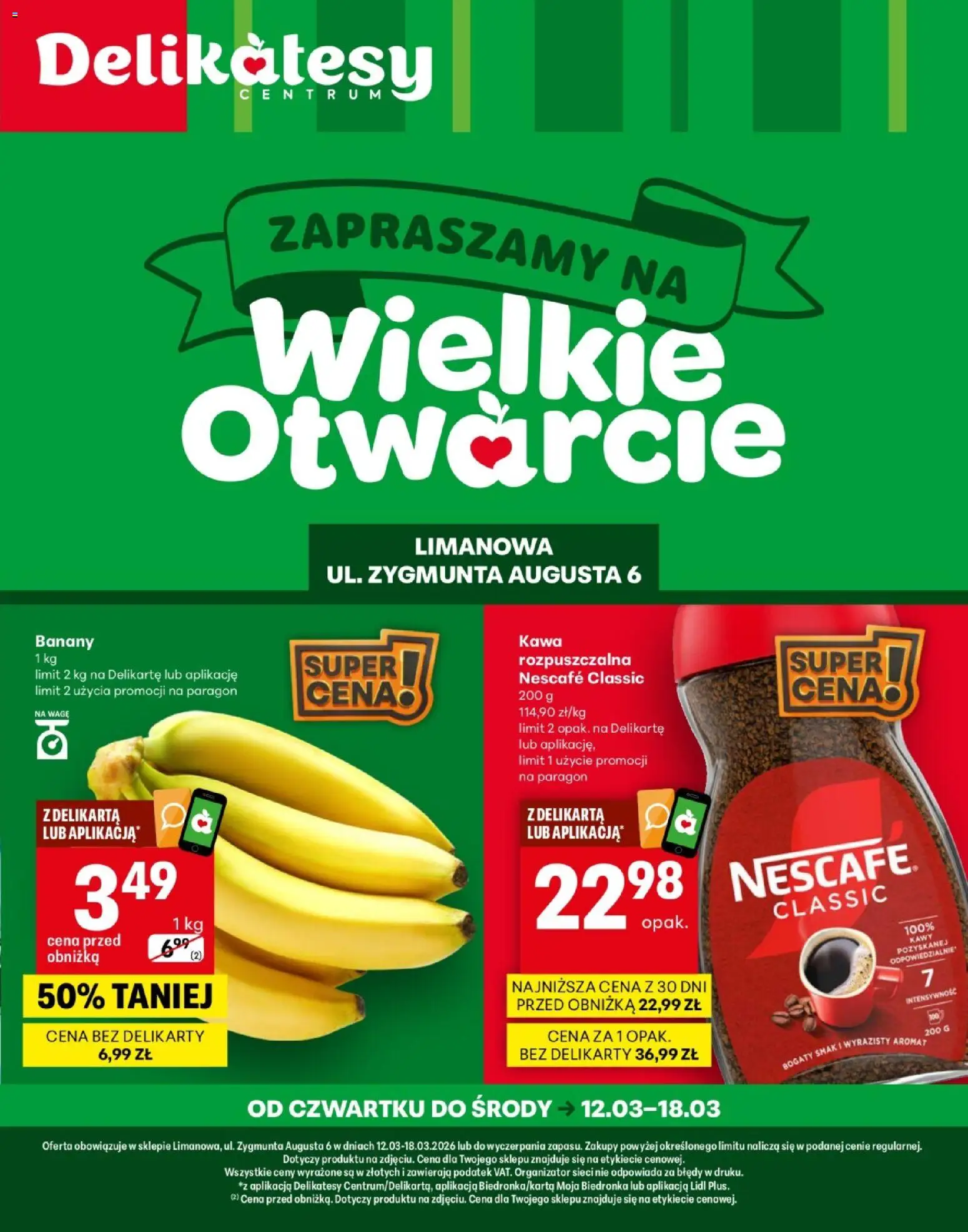 Delikatesy Centrum gazetka - Limanowa Otwarcie od 12.03.2026 | Strona: 1 | Produkty: Nescafe, Delikatesy, Kawa, Banany