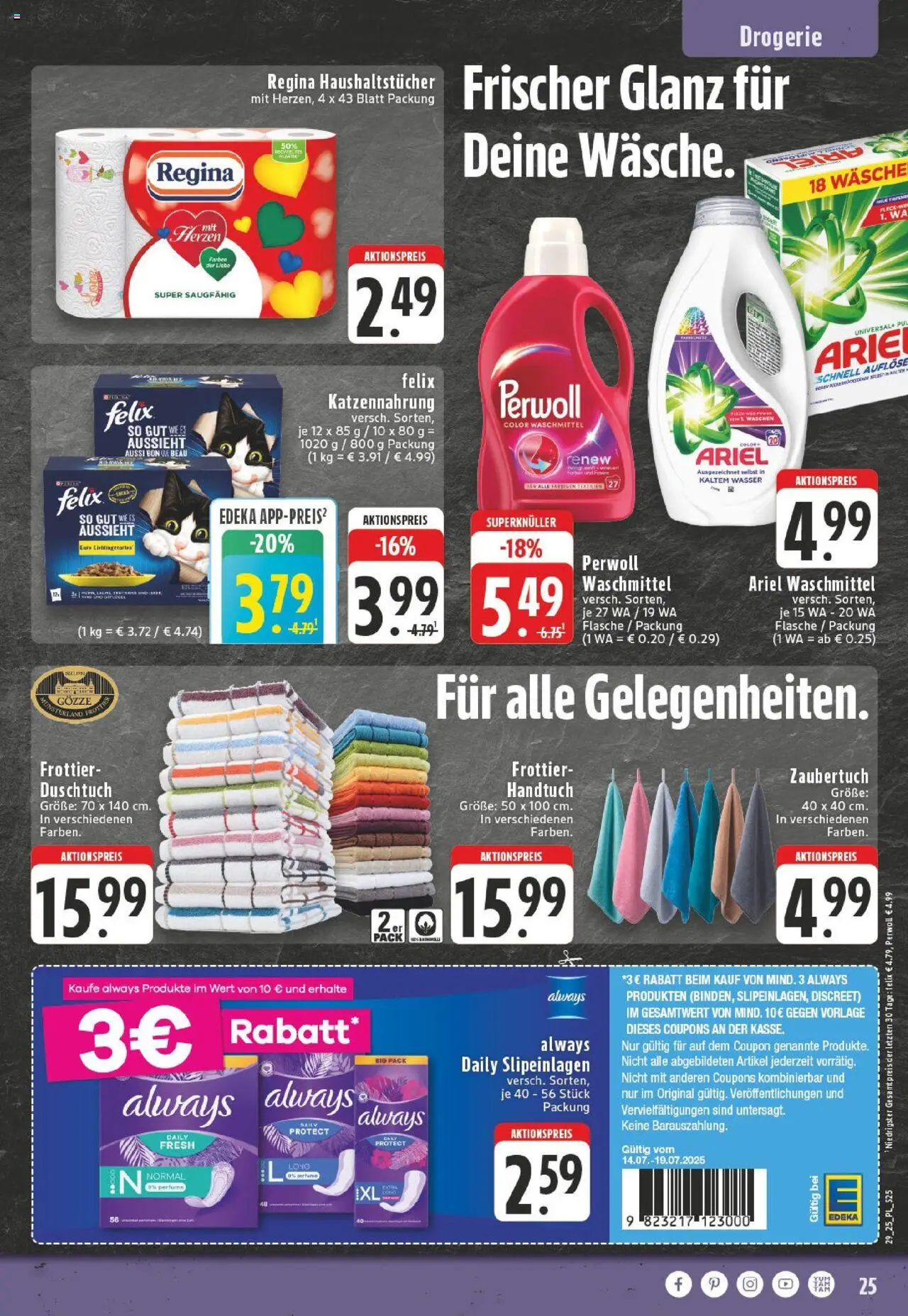 Edeka prospekt Kerken-Aldekerk	 - gültig ab dem 13.07.2025 | Seite: 25 | Produkte: Ariel, Perwoll, Wasser, Waschmittel