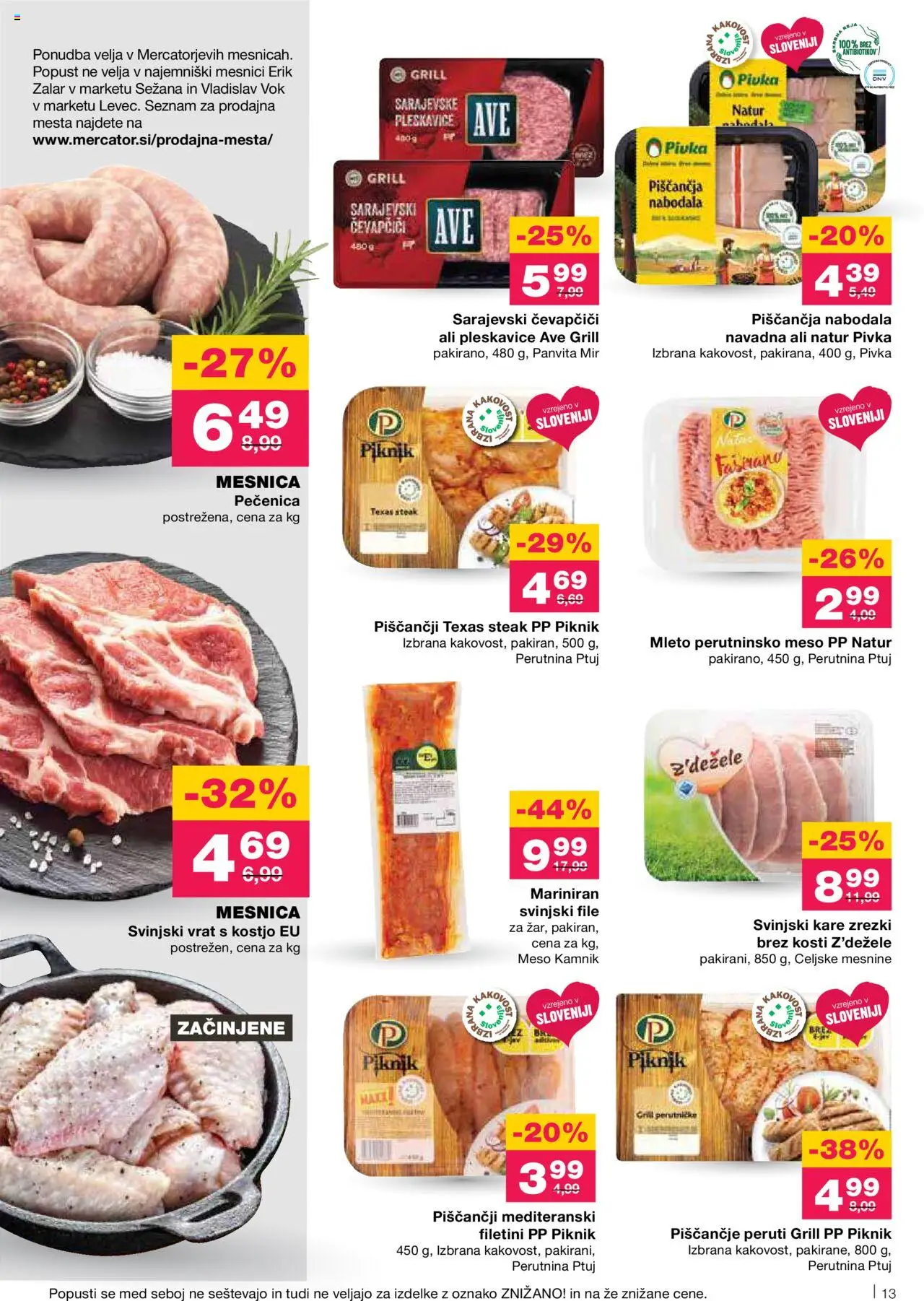 Novi Mercator katalog ponudbe – veljaven od 11.09.2025 | Stran: 13 | Izdelki: Čevapčiči, Pleskavice, Nabodala, Zrezki
