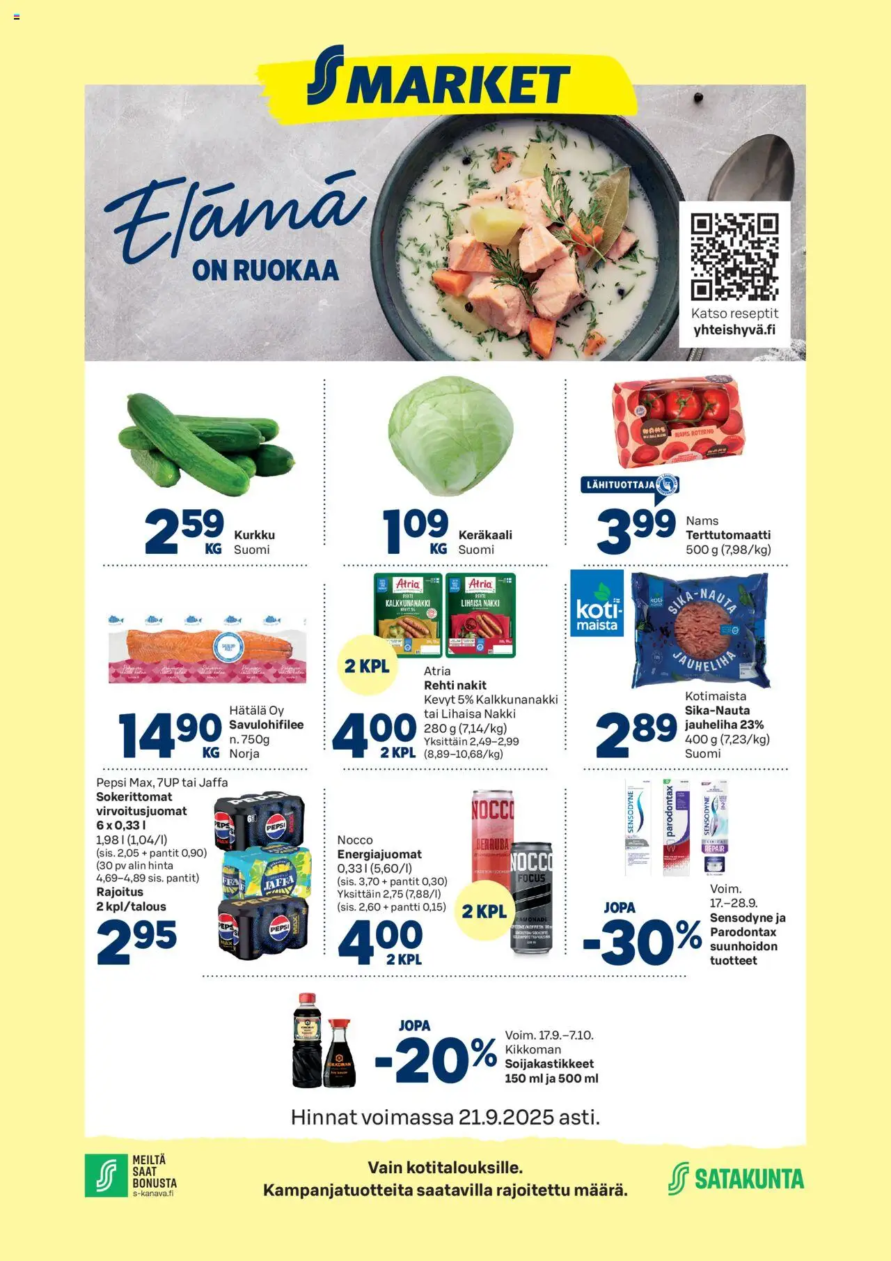 S-market Ulvila – voimassa 17.09.2025 alkaen | Sivu: 1 | Tuotteet: Jauheliha, Virvoitusjuomat, Nakit, Pepsi