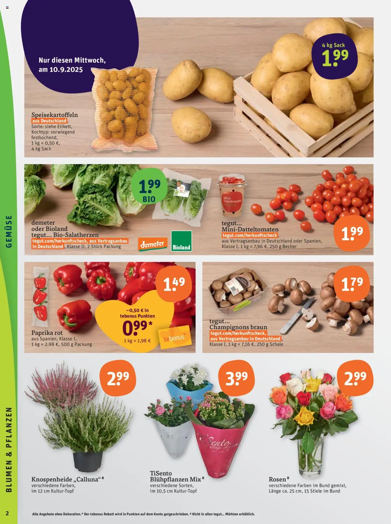 Tegut Prospekt – gültig ab 08.09.2025 | Seite: 4 | Produkte: Paprika rot, Blumen, Champignons, Paprika