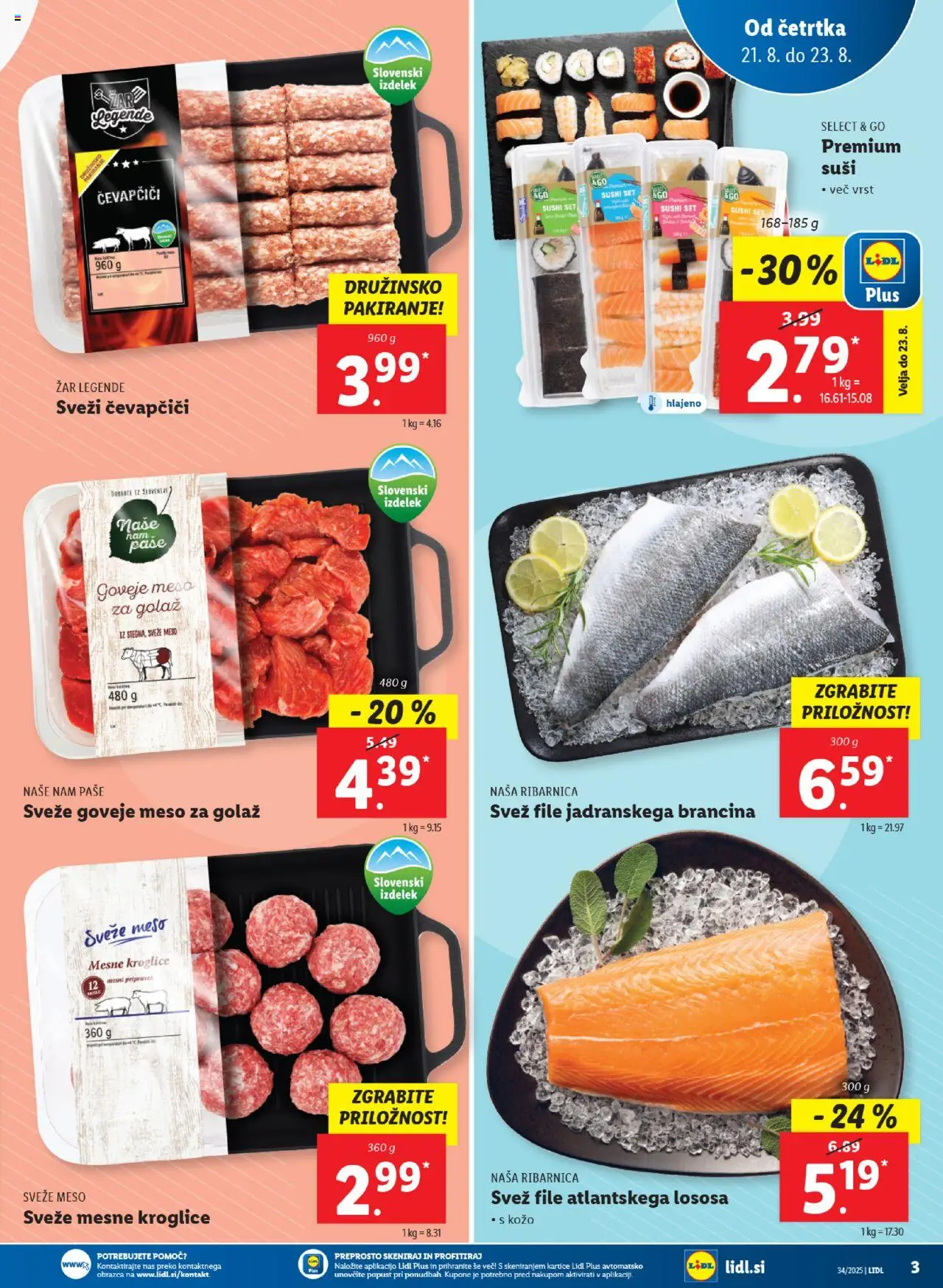Lidl katalog │ velja od 21.08.2025 | Stran: 3 | Izdelki: Čevapčiči, Zar, Suši, Goveje meso