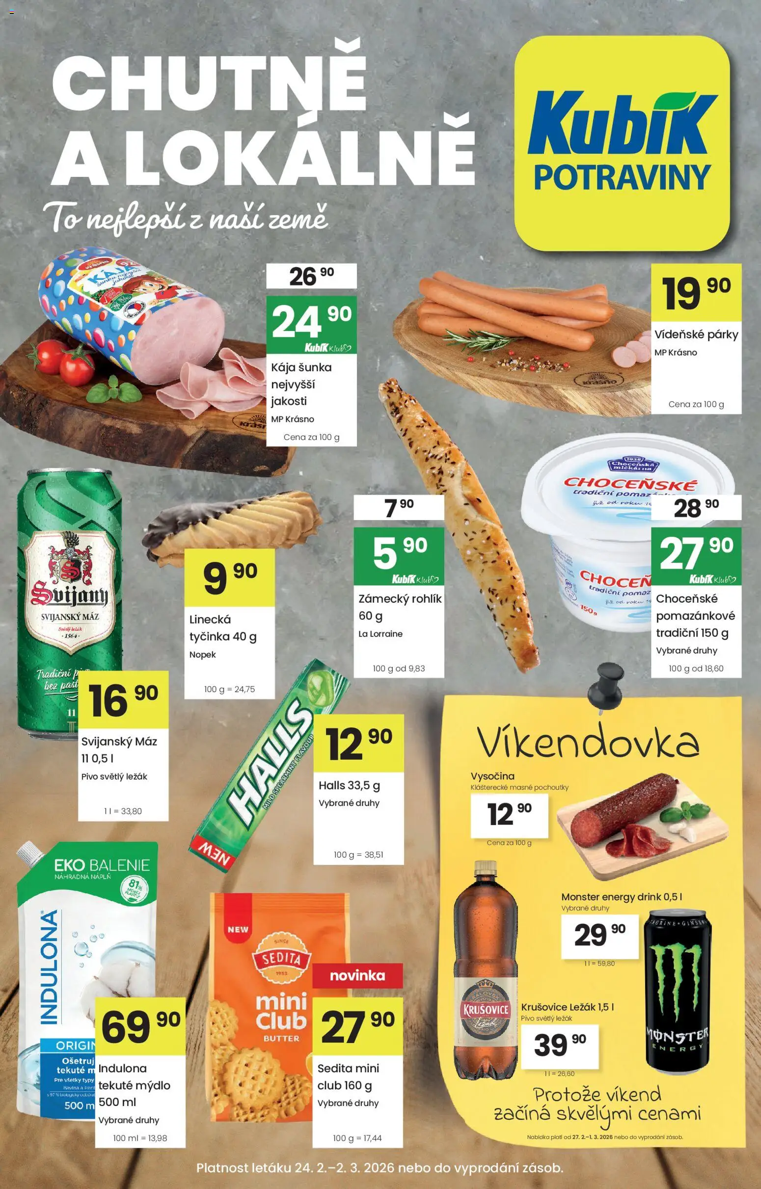 Kubík leták od 24.02.2026 | Strana: 1 | Produkty: Monster, Pivo, Vídeňské párky, Potraviny
