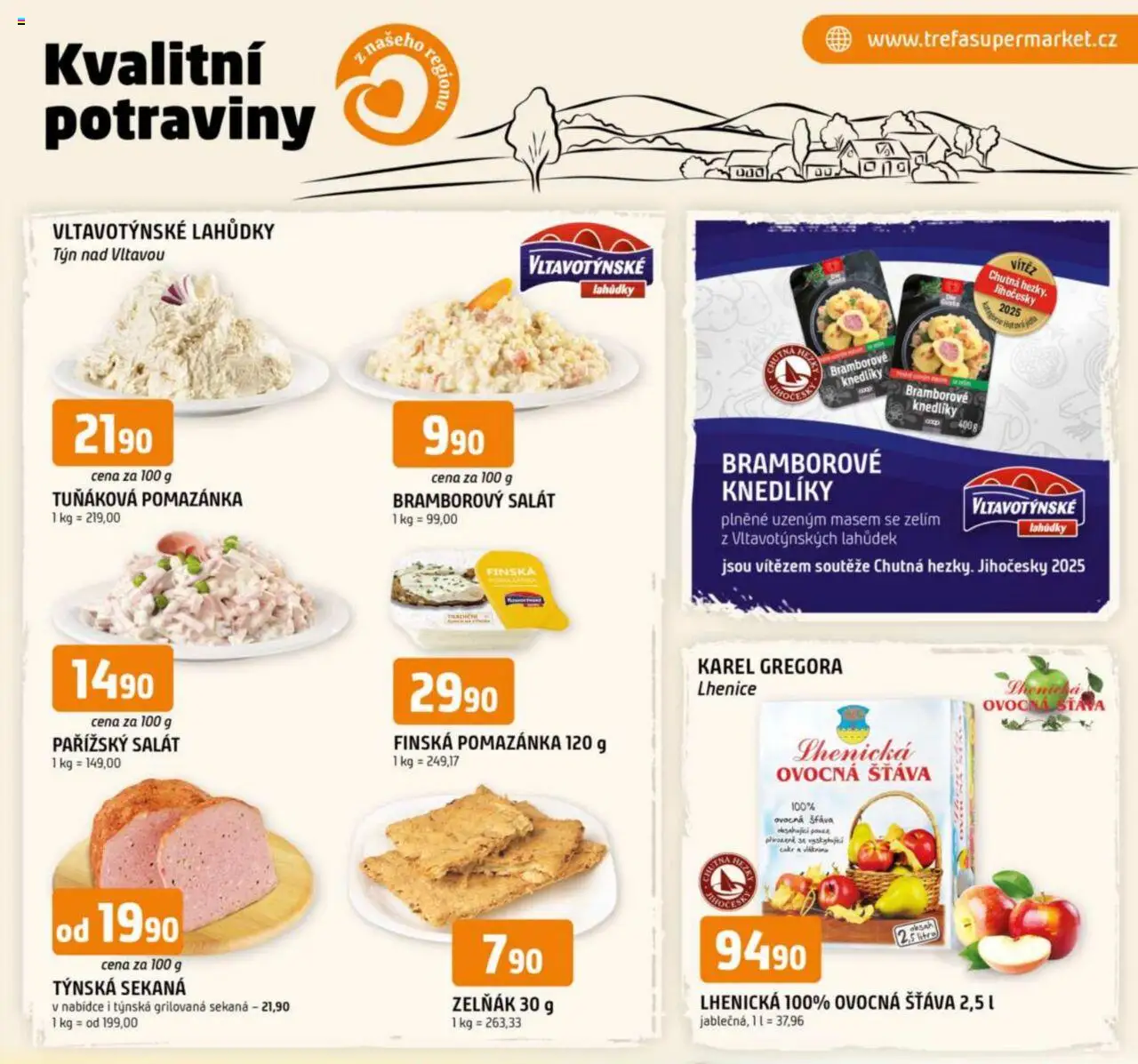 Trefa leták - Kvalitní potraviny z našeho regionu od 08.10.2025 | Strana: 1 | Produkty: Bramborový salát, Tuňáková pomazánka, Sekaná, Pomazánka