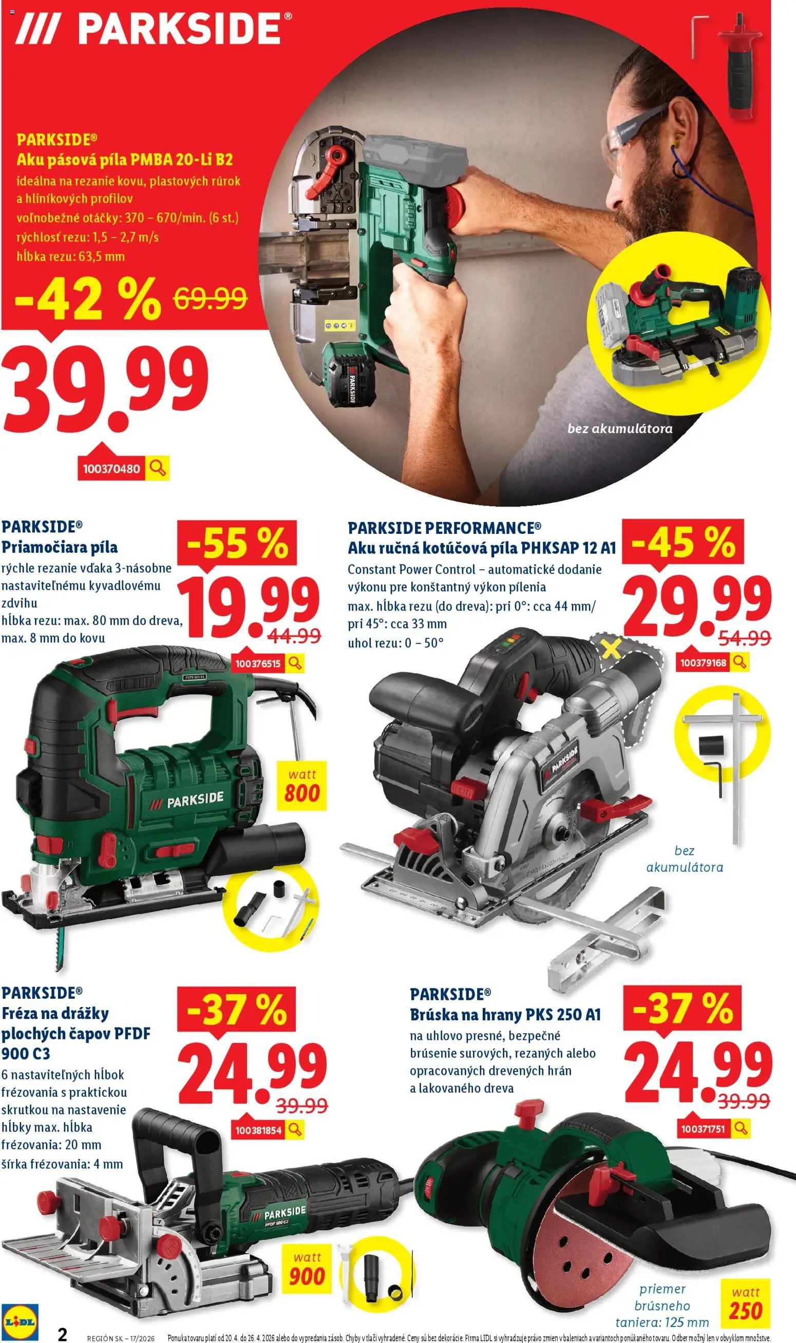 Nové Lidl akcie – leták je platný od 20.04.2026 | Strana: 2 | Produkty: Pásová píla, Píla, Kotúčová píla, Fréza