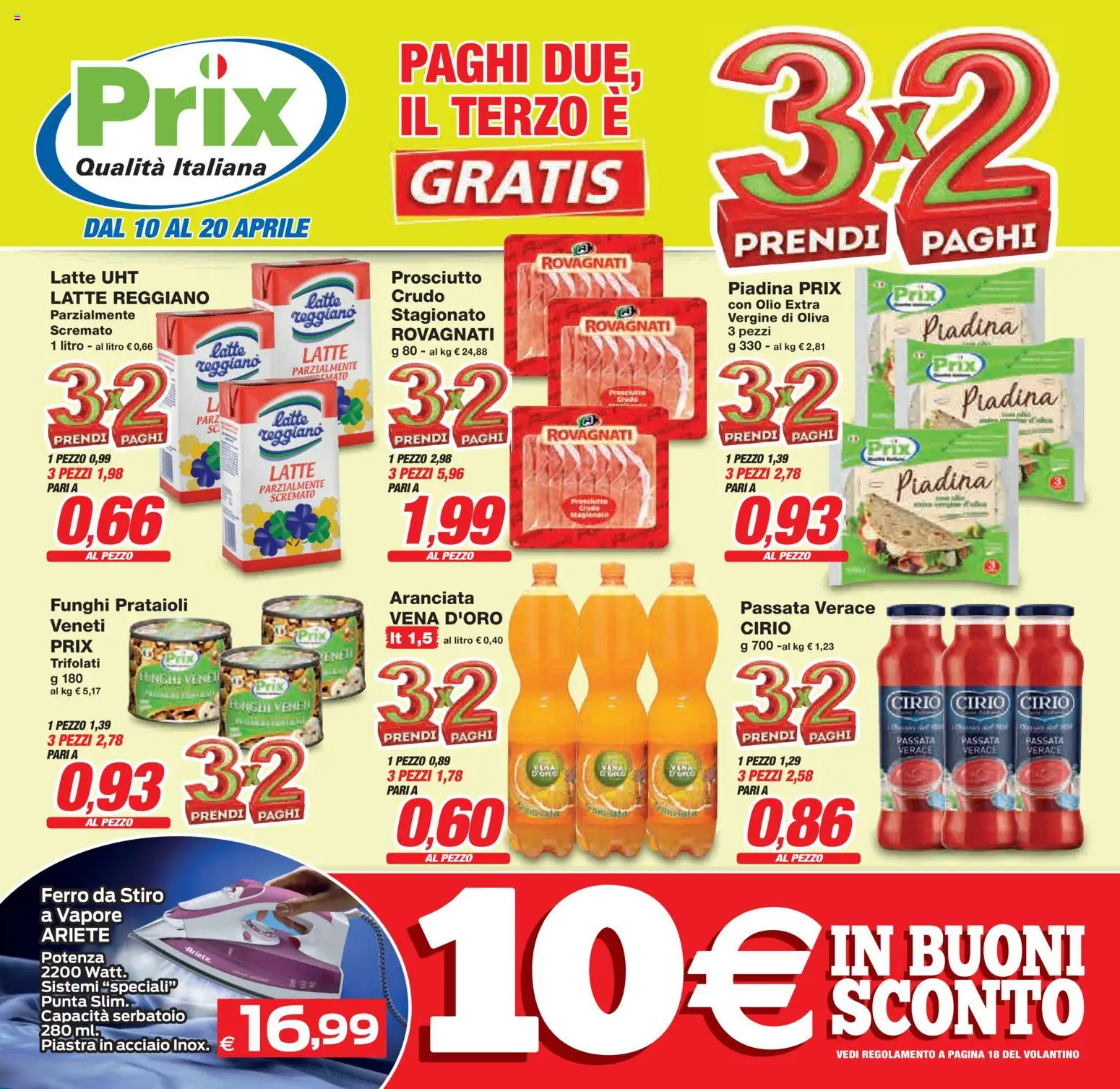 Volantino Prix del 10.04.2026 | Pagina: 1 | Prodotti: Latte, Olio, Piadina, Ferro da stiro