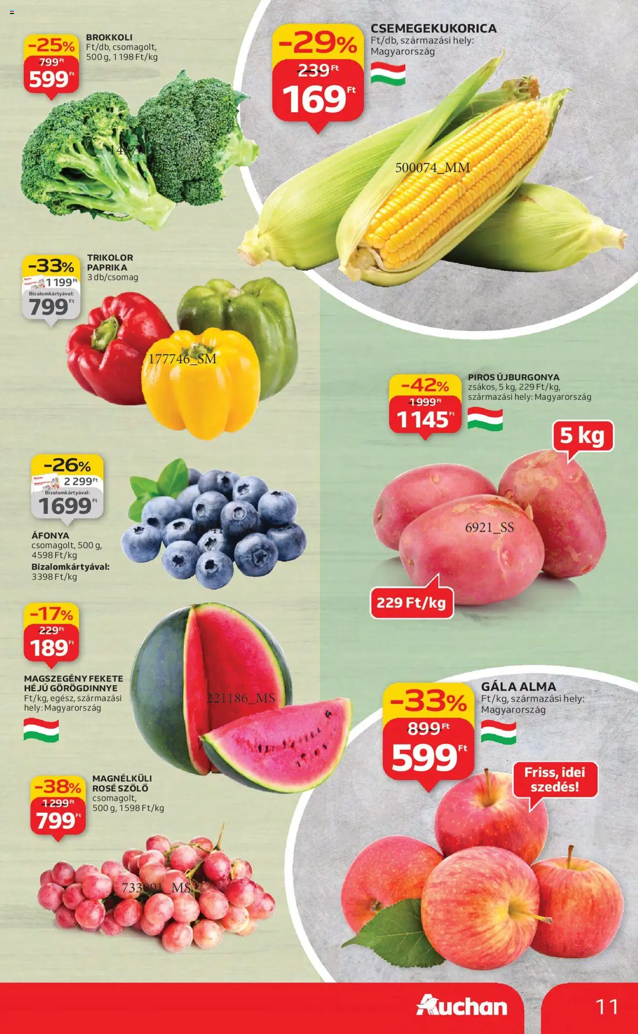 Auchan akciós ujság - amely érvényes a következő dátumtól: 21.08.2025 | Oldal: 11 | Termékek: Görögdinnye, Szőlő, Csemegekukorica, Brokkoli