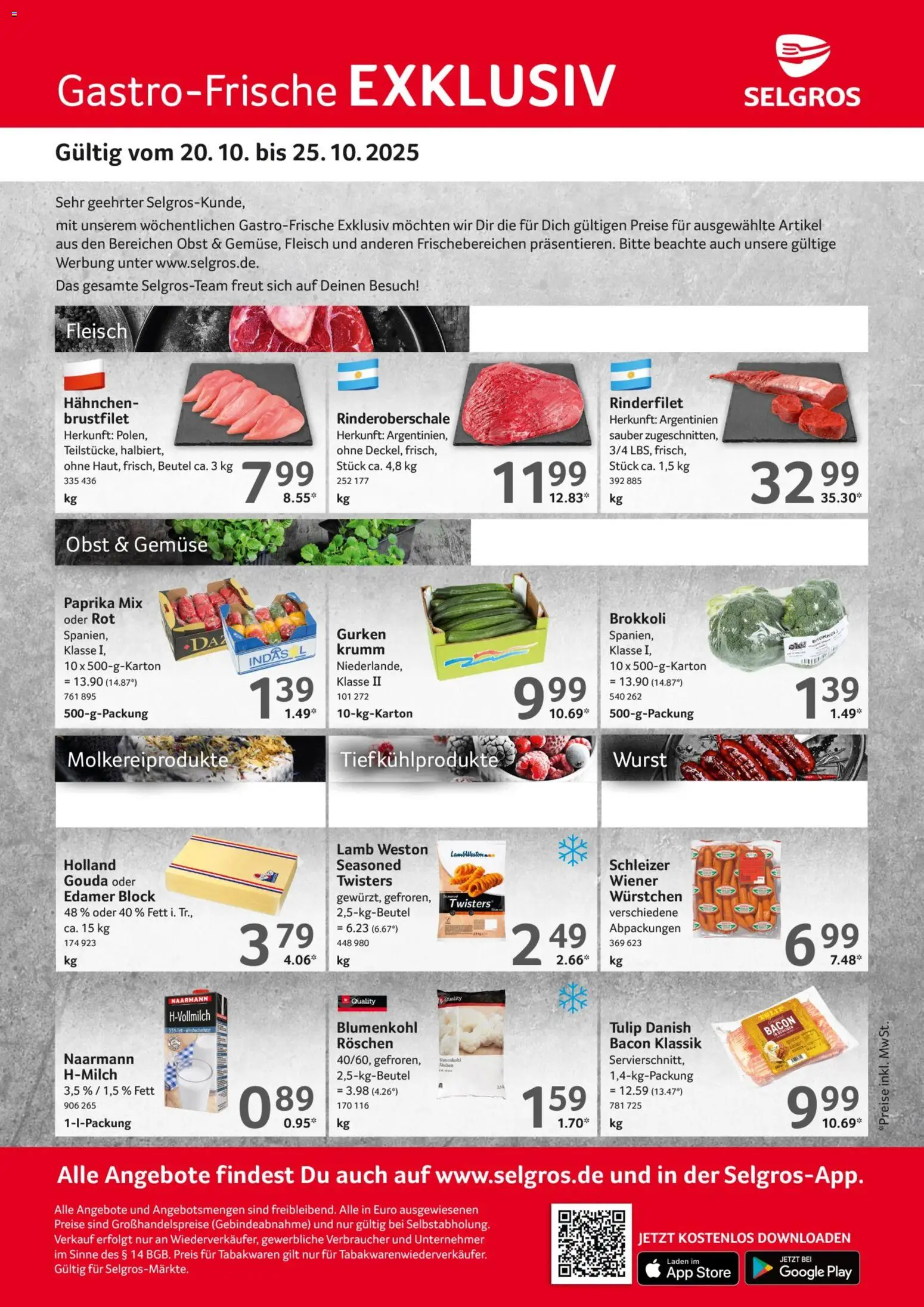 Selgros Gastro Angebote – gültig ab 20.10.2025 | Seite: 1 | Produkte: Wurst, Blumenkohl, Fleisch, Gurken