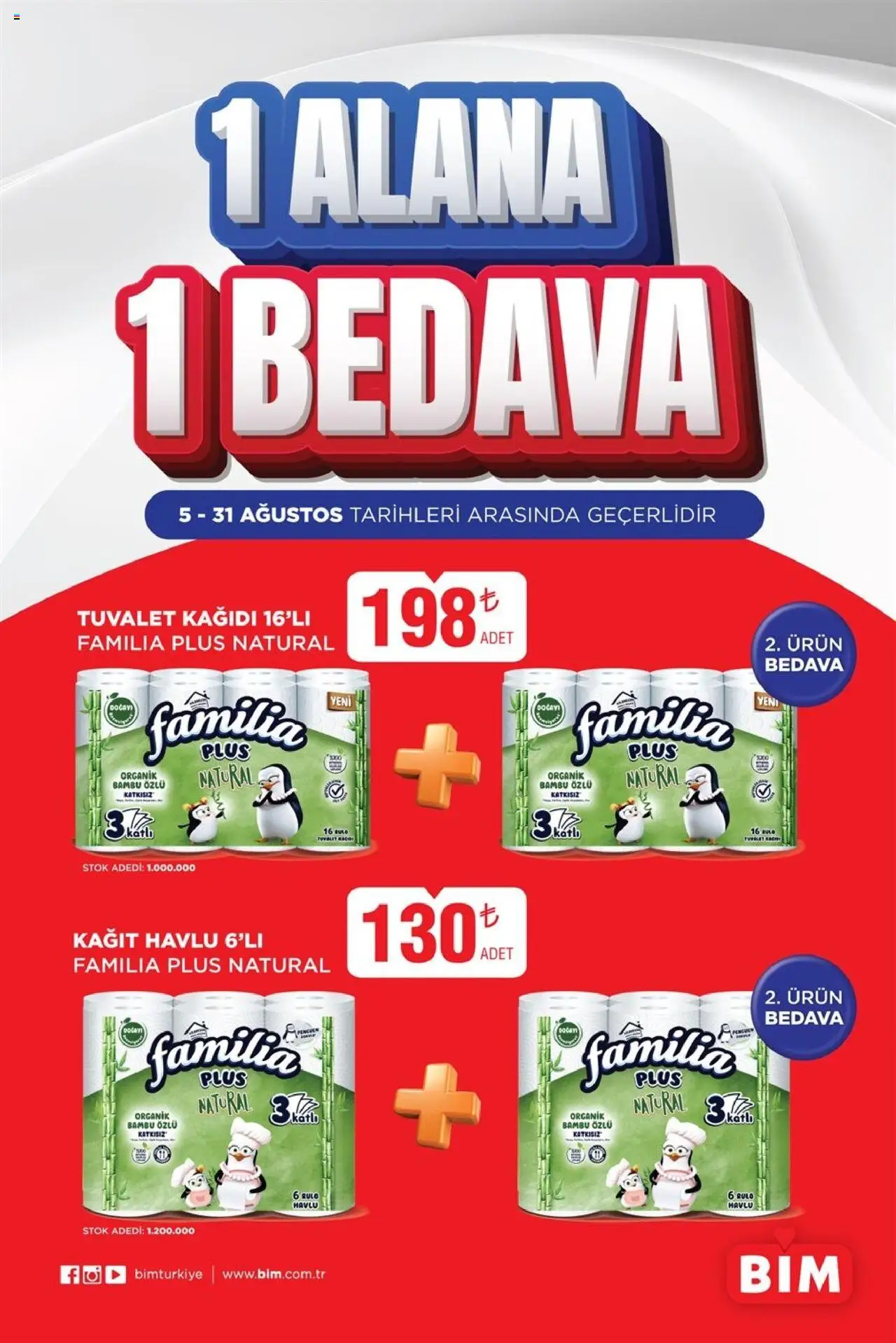 BİM - 05-31 Ağustos, 1 Alana 1 Bedava - 05.08.2025 tarihinden itibaren geçerlidir | Sayfa: 1 | Ürünler: Tuvalet, Kağıt havlu, Tuvalet kağıdı
