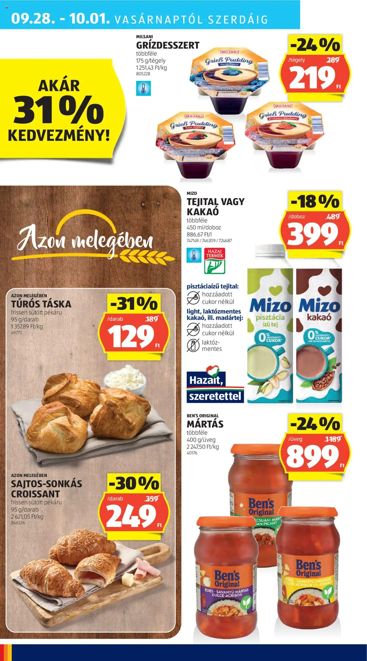 Aldi akciós ujság - amely érvényes a következő dátumtól: 25.09.2025 | Oldal: 28 | Termékek: Croissant, Túrós táska, Tej, Cukor