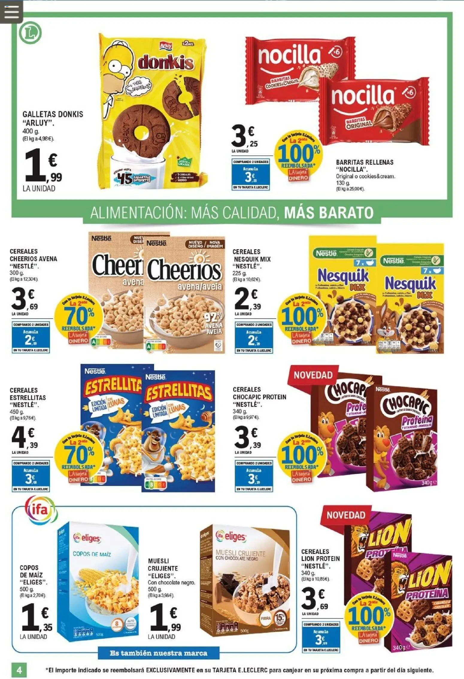 E.Leclerc folleto │ válido desde el 08.04.2026 | Página: 4 | Productos: Chocolate, Cereales, Galletas, Copos